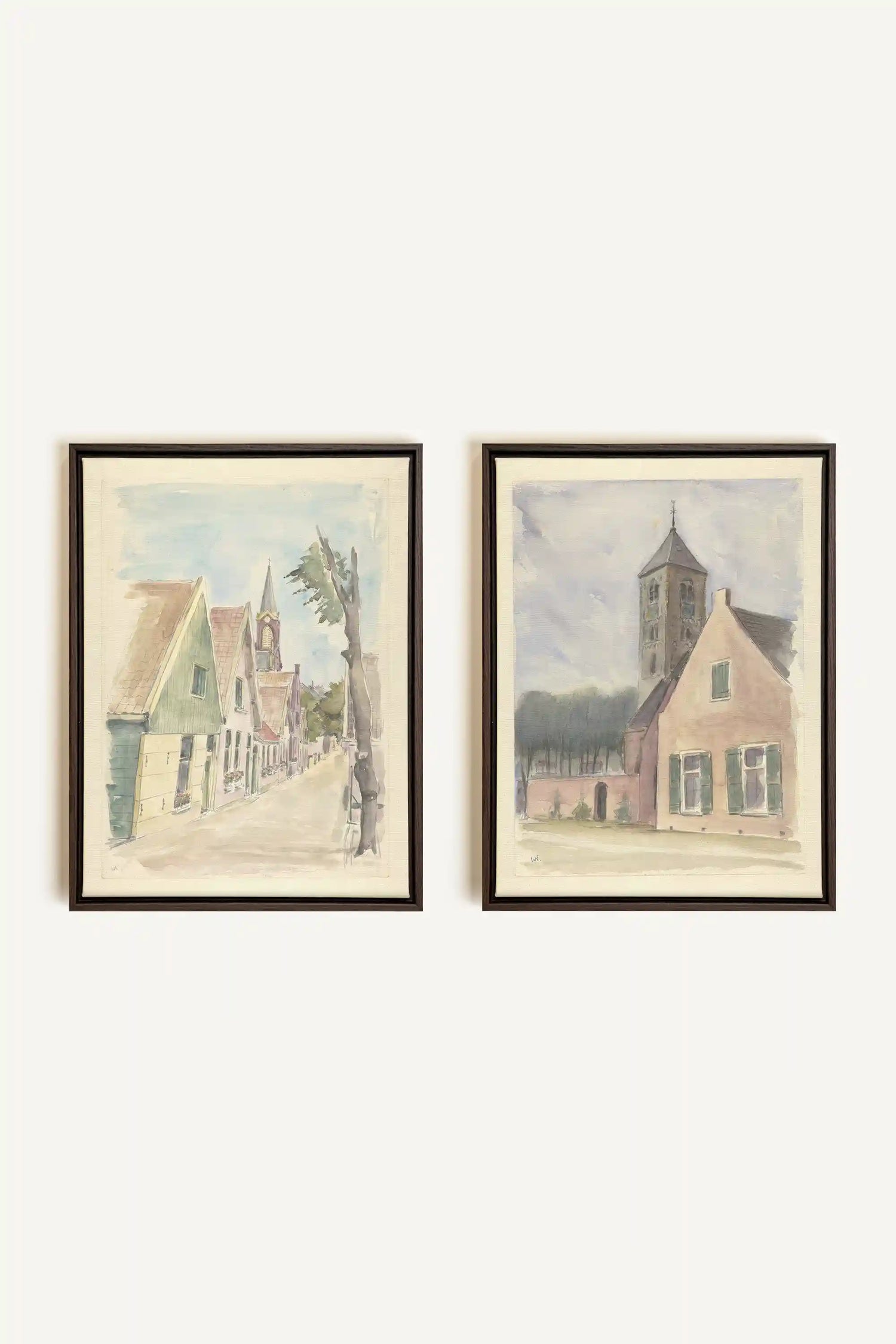 DREAM OF HOUSES DUO, 2 Works on stretched canvas, framed Walnut Brown
