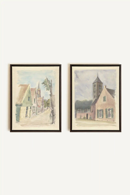 DREAM OF HOUSES DUO, 2 Works on stretched canvas, framed Walnut Brown