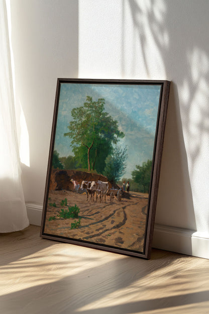 OLEKA CANVAS - ROUTE DU VILLAGE, Oeuvre sur toile étirée, encadré Brun Noyer