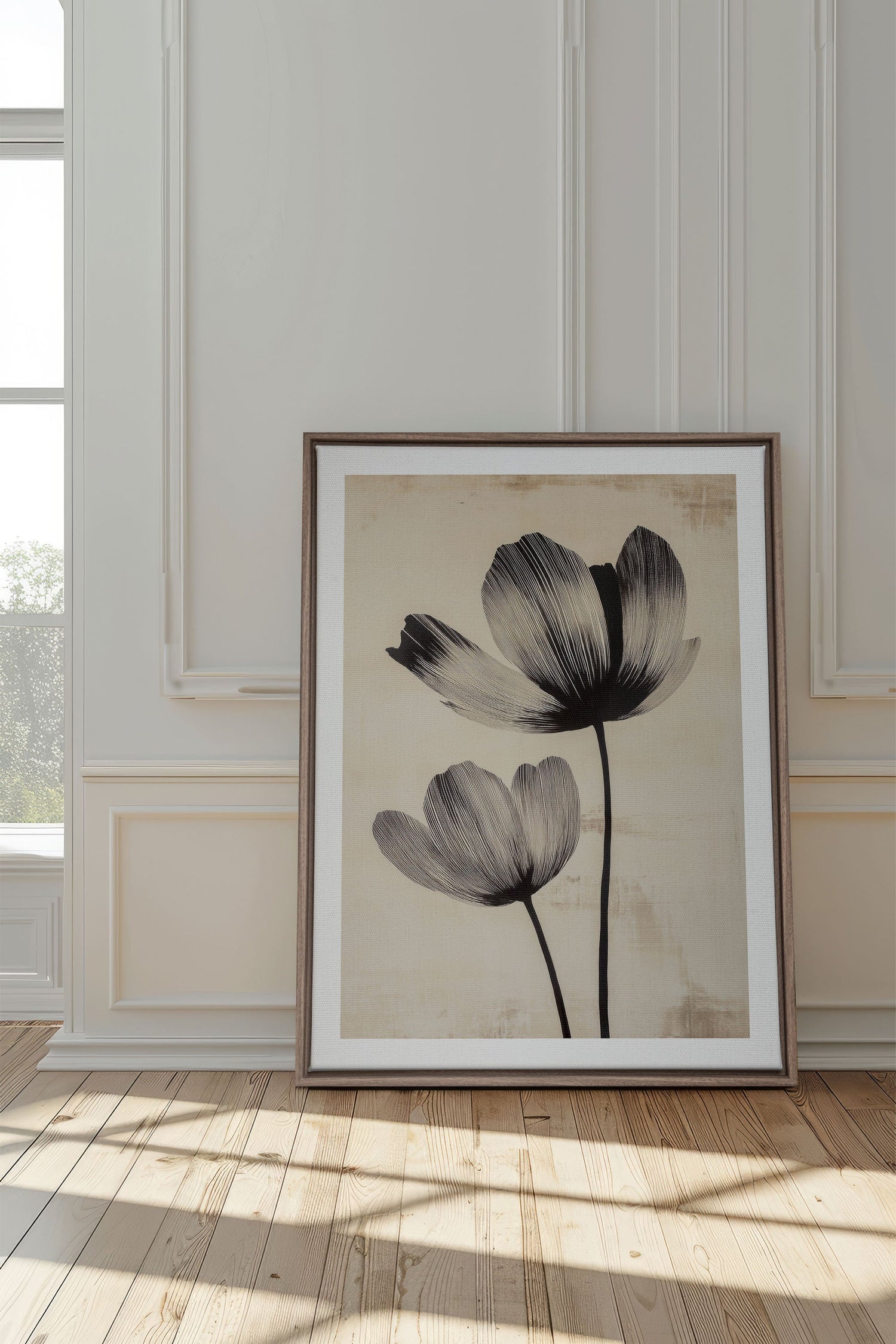 OLEKA CANVAS - EBONY FLOWERS, Oeuvre sur toile étirée, encadré Brun Chêne