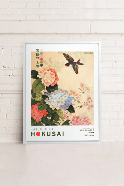 OLEKA CANVAS - HYDRANGEA AND SWALLOW, Oeuvre sur toile étirée, encadré Blanc