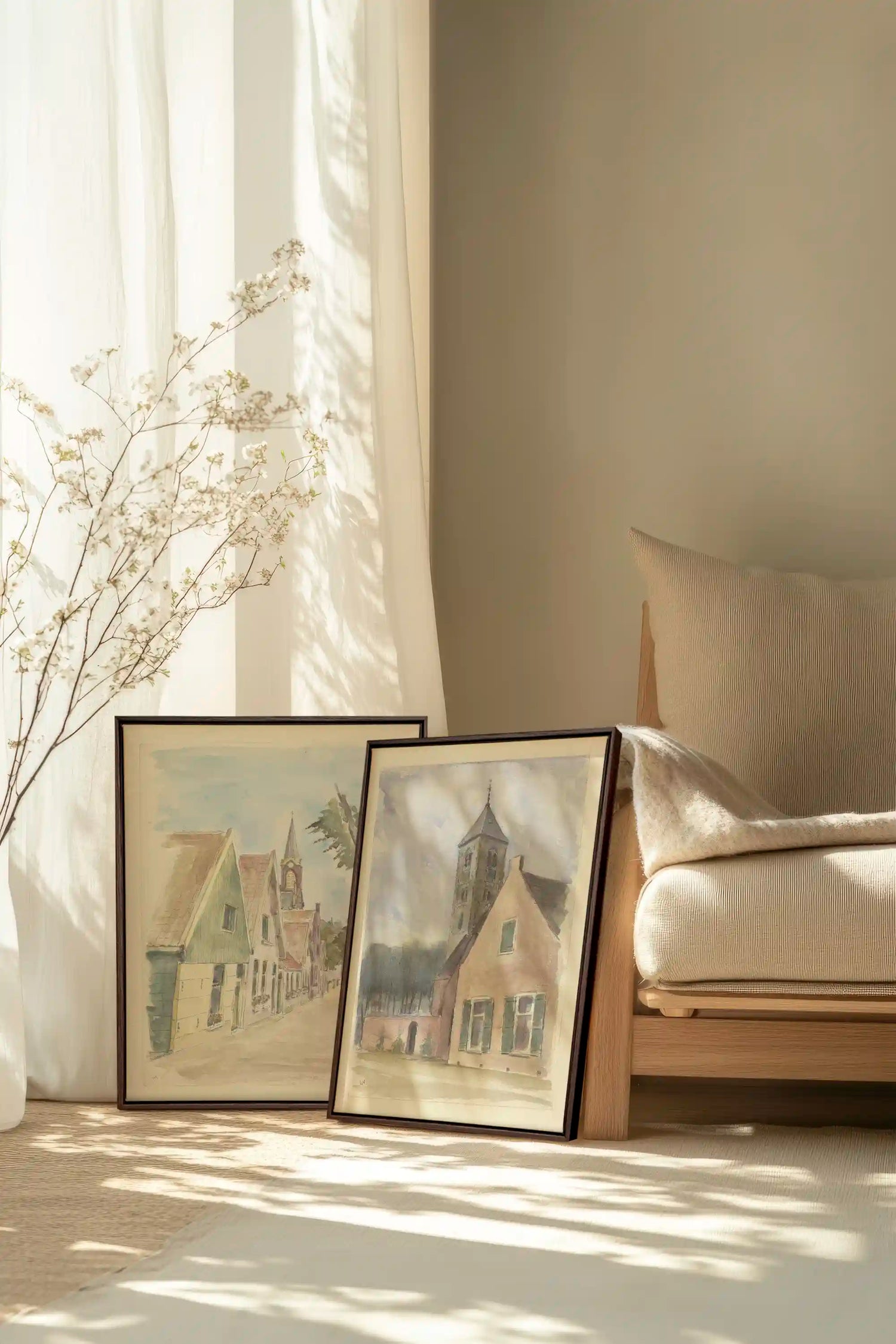 DREAM OF HOUSES DUO, 2 Works on stretched canvas, framed Walnut Brown