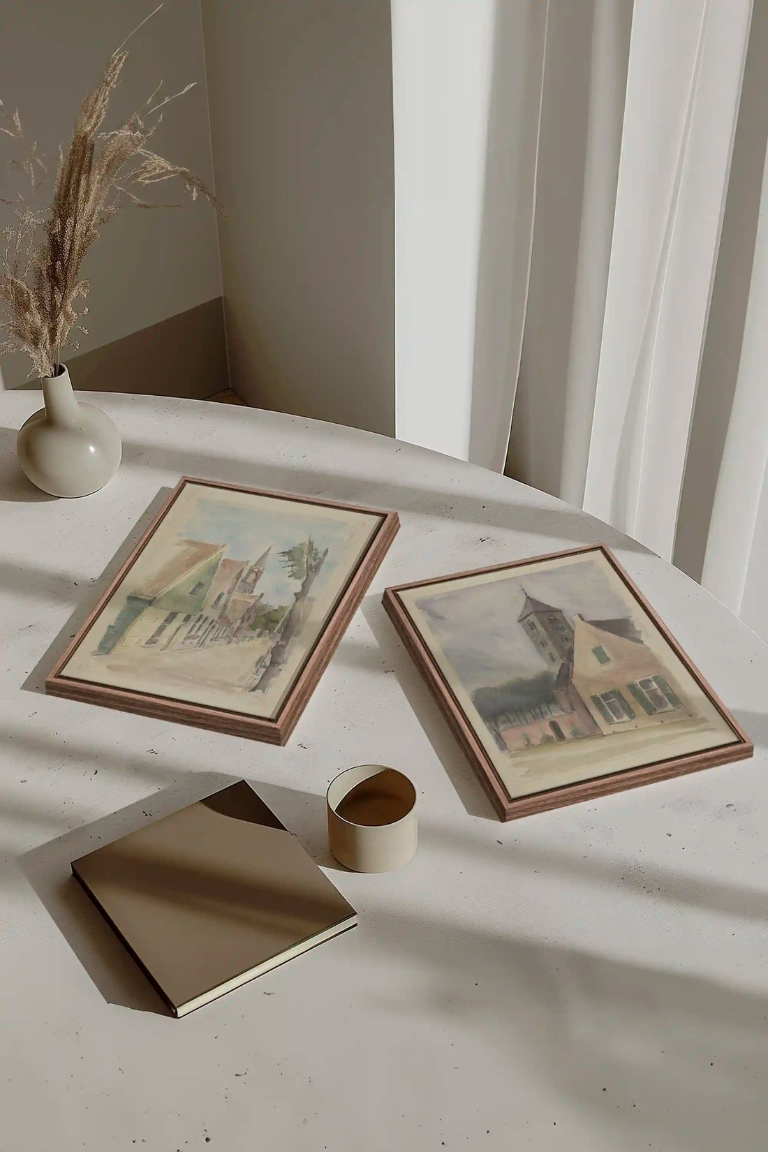 DREAM OF HOUSES DUO, 2 Works on stretched canvas, framed Oak Brown