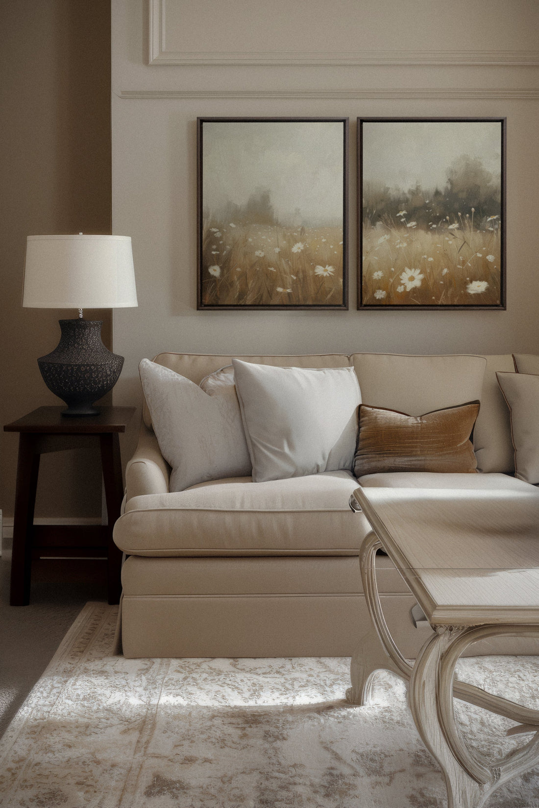 OLEKA CANVAS - COMBINAISON DAISY BREEZE, 2 Oeuvres sur toile étirée, encadré Brun Noyer