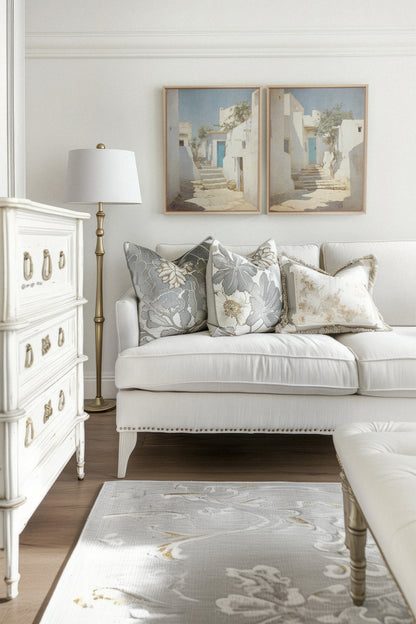 COMBINAISON VINTAGE GREEK VILLAS, 2 Artworks on stretched canvas, framed Natural Light