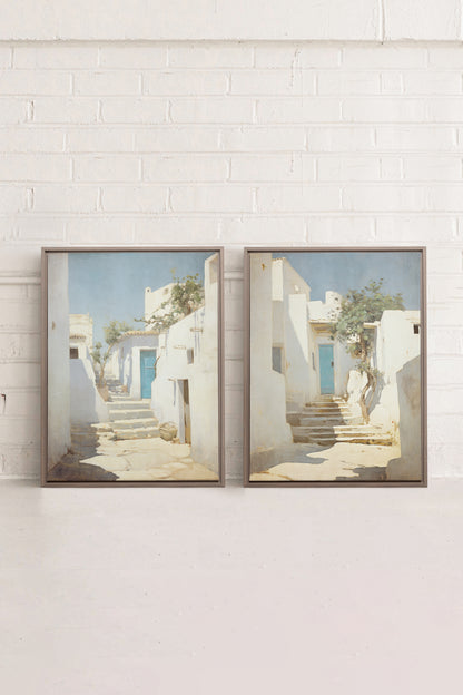 COMBINAISON VINTAGE GREEK VILLAS, 2 Works on stretched canvas, framed Oak Brown