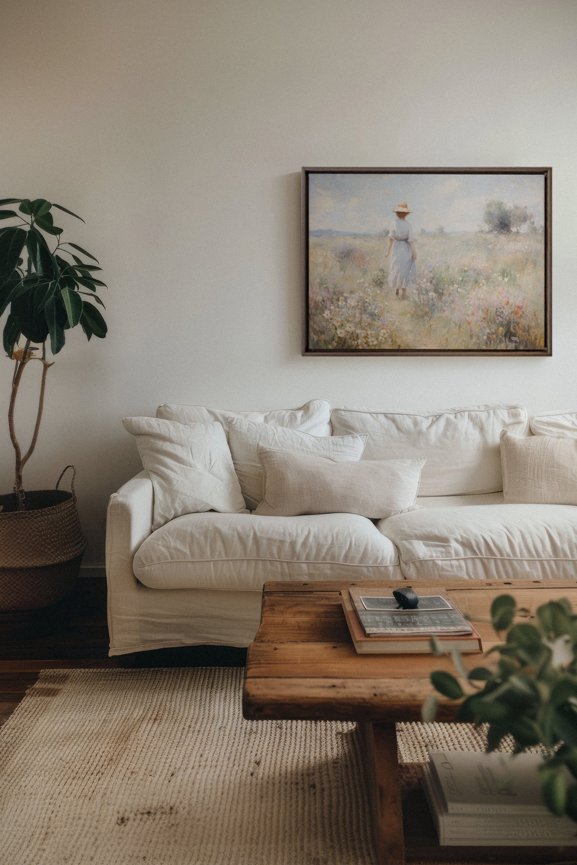 OLEKA CANVAS - Pastel Meadows, Oeuvre sur toile étirée, encadré Brun Noyer