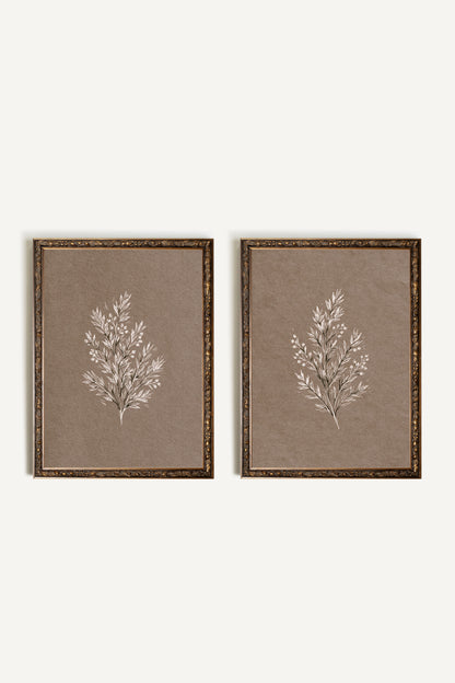 Ensemble Branche de Lin, ensemble de 2 œuvres sur toile rigide, encadré bronze