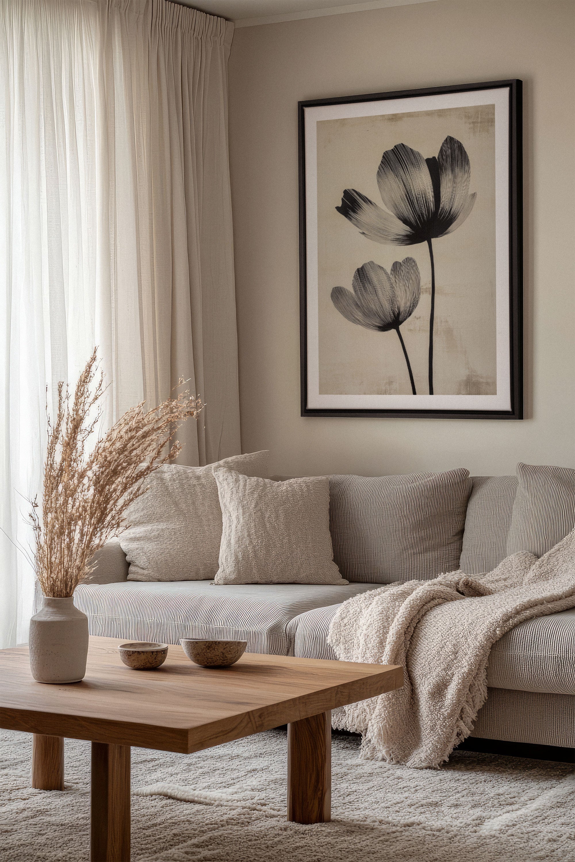 OLEKA CANVAS - EBONY FLOWERS, Oeuvre sur toile étirée, encadré Noir