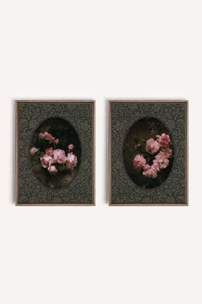 ROSES NOCTURNES DUO, 2 Oeuvres sur toile étirée, encadré Brun Chêne