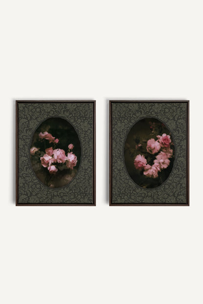 ROSES NOCTURNES DUO, 2 Oeuvres sur toile étirée, encadré Brun Noyer
