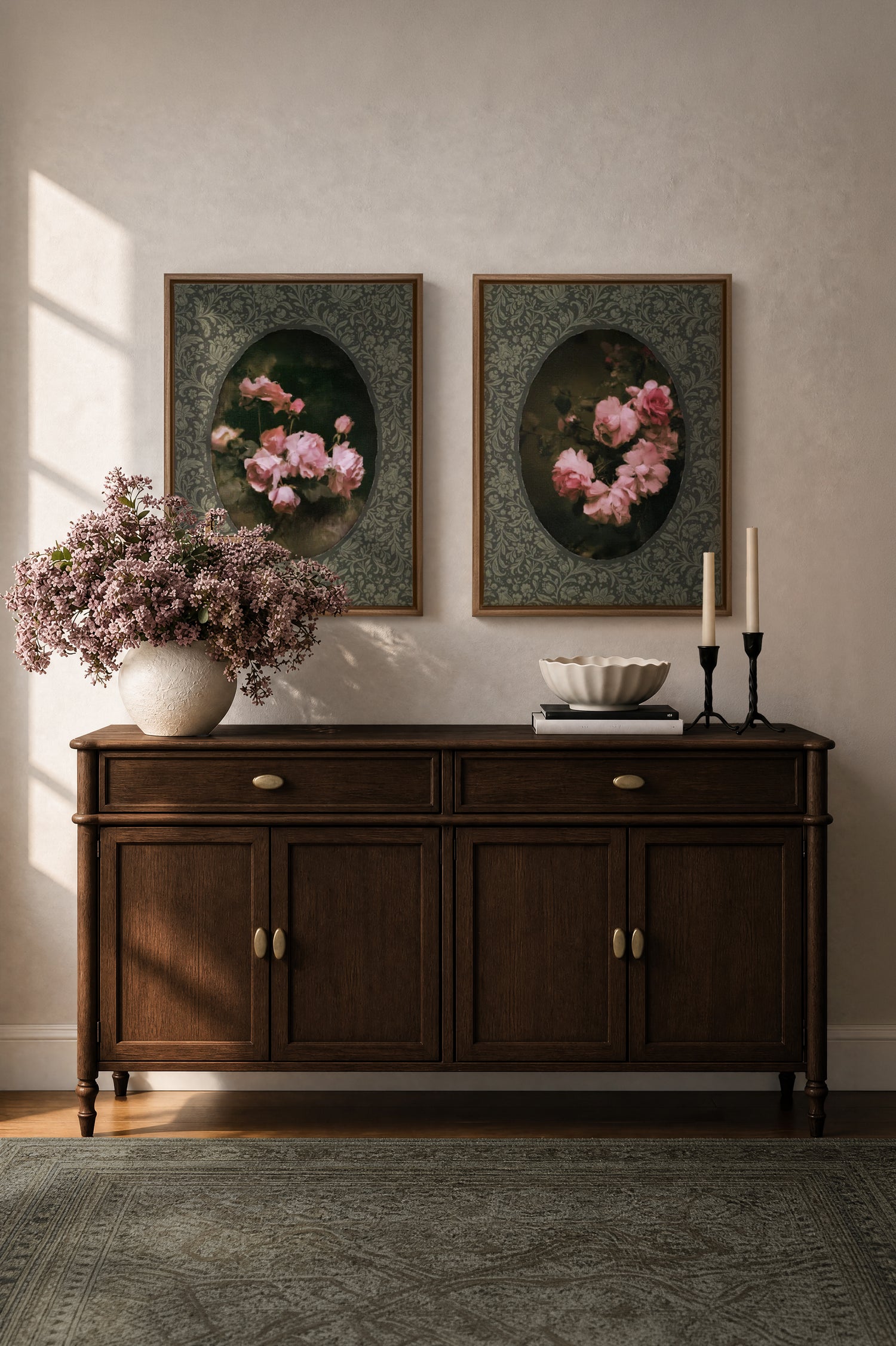 ROSES NOCTURNES DUO, 2 Oeuvres sur toile étirée, encadré Brun Chêne