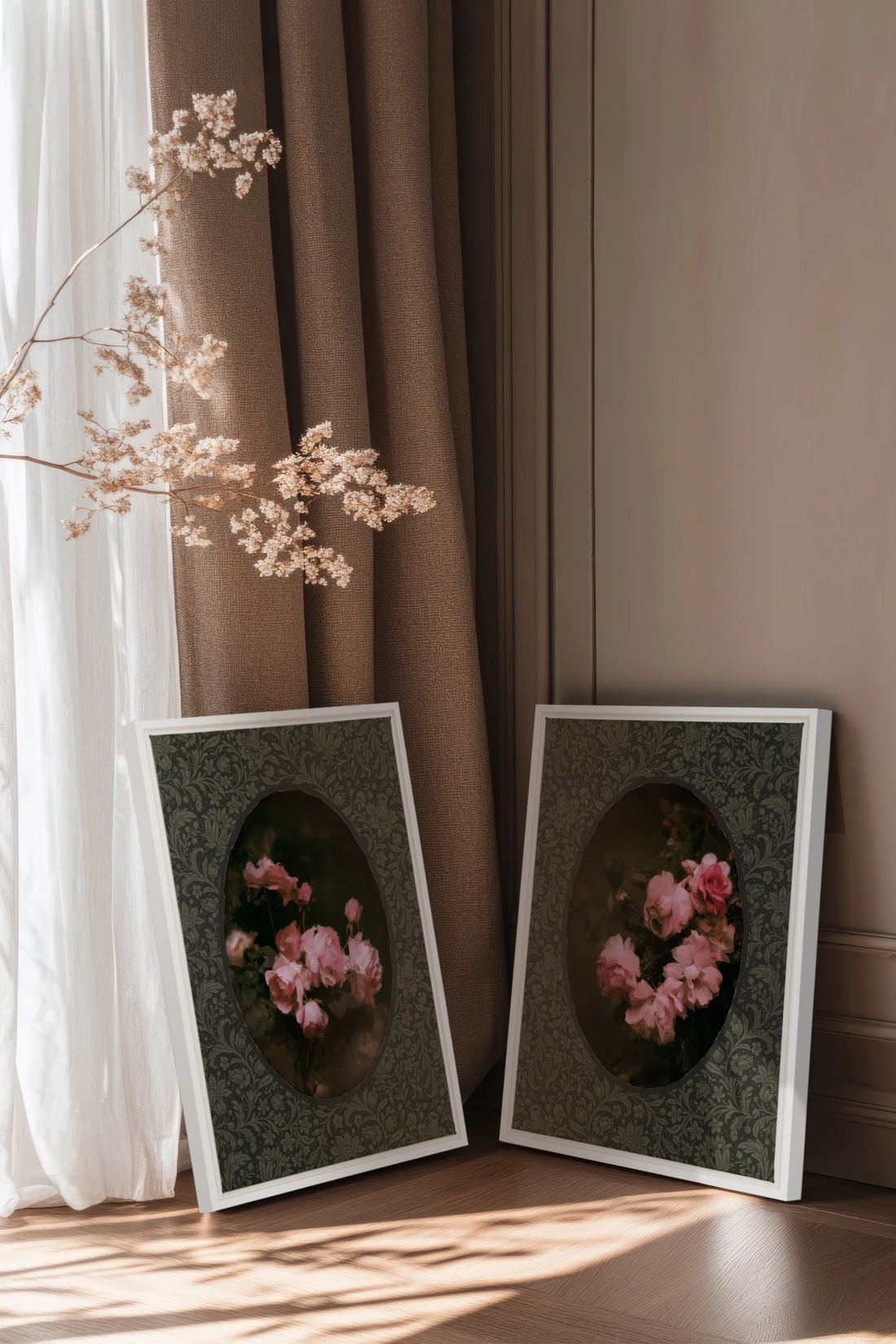 ROSES NOCTURNES DUO, 2 Artworks on stretched canvas, framed White