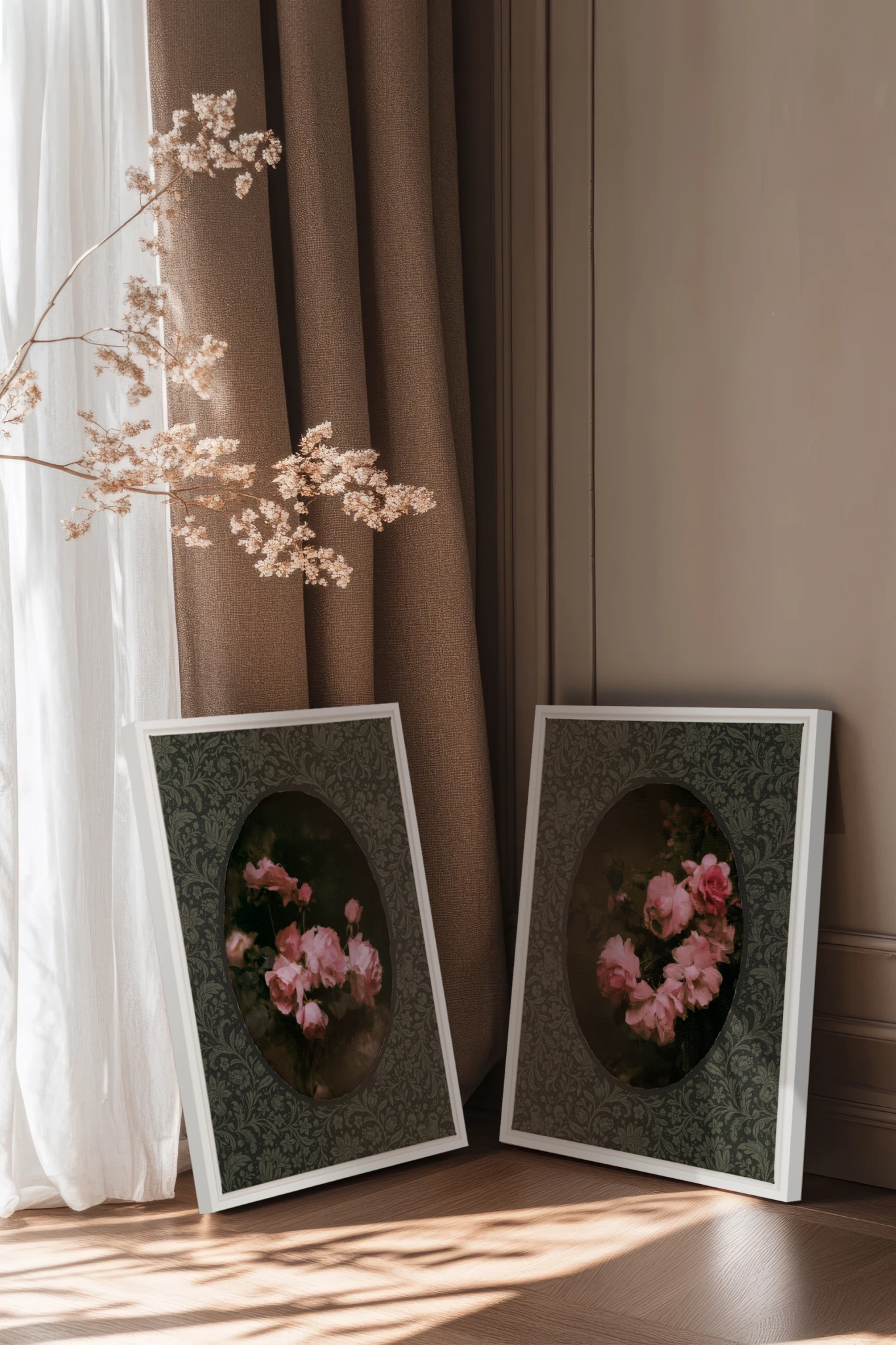 ROSES NOCTURNES DUO, 2 Artworks on stretched canvas, framed White
