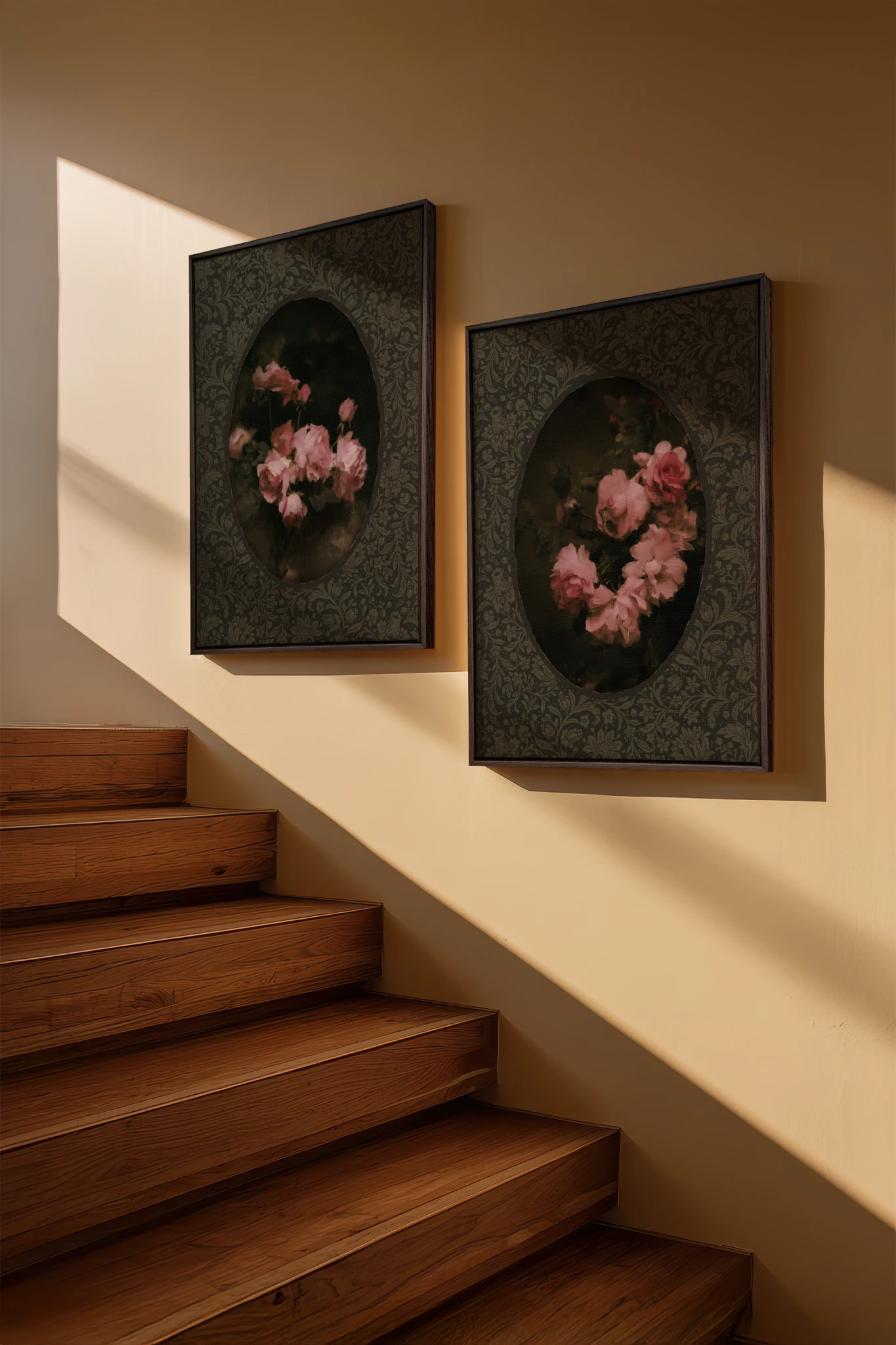 ROSES NOCTURNES DUO, 2 Oeuvres sur toile étirée, encadré Brun Noyer