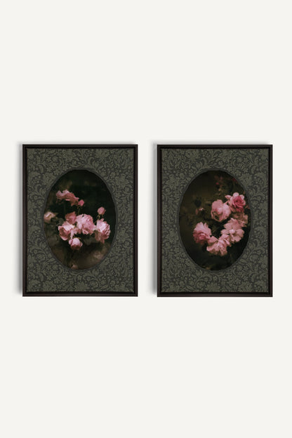 ROSES NOCTURNES DUO, 2 Oeuvres sur toile étirée, encadré Noir