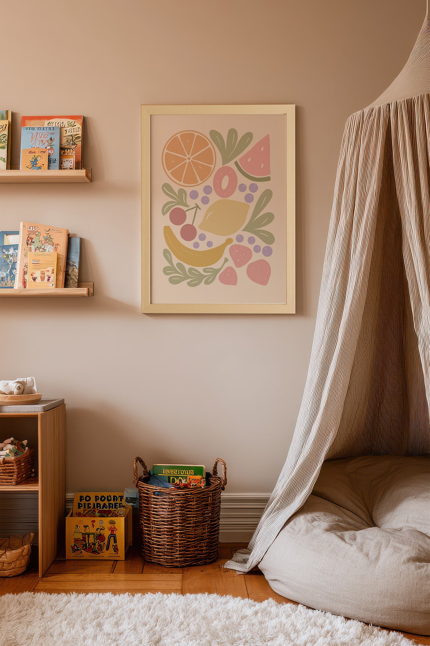 FRUITS PASTEL, Oeuvre sur toile rigide, encadré Naturel Clair