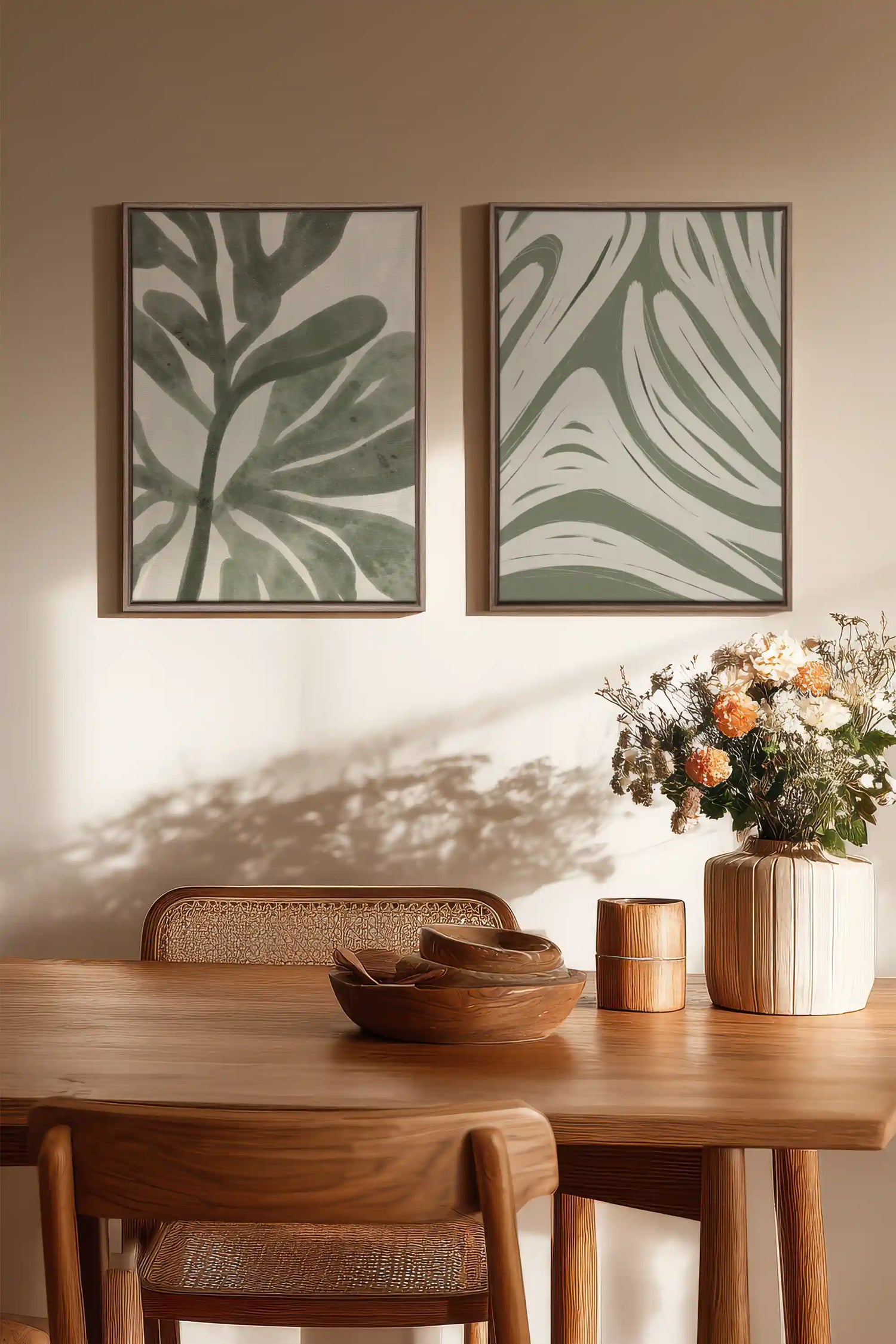 DUO SAUGE DOUCE, 2 Oeuvres sur toile étirée, encadré Brun Chêne