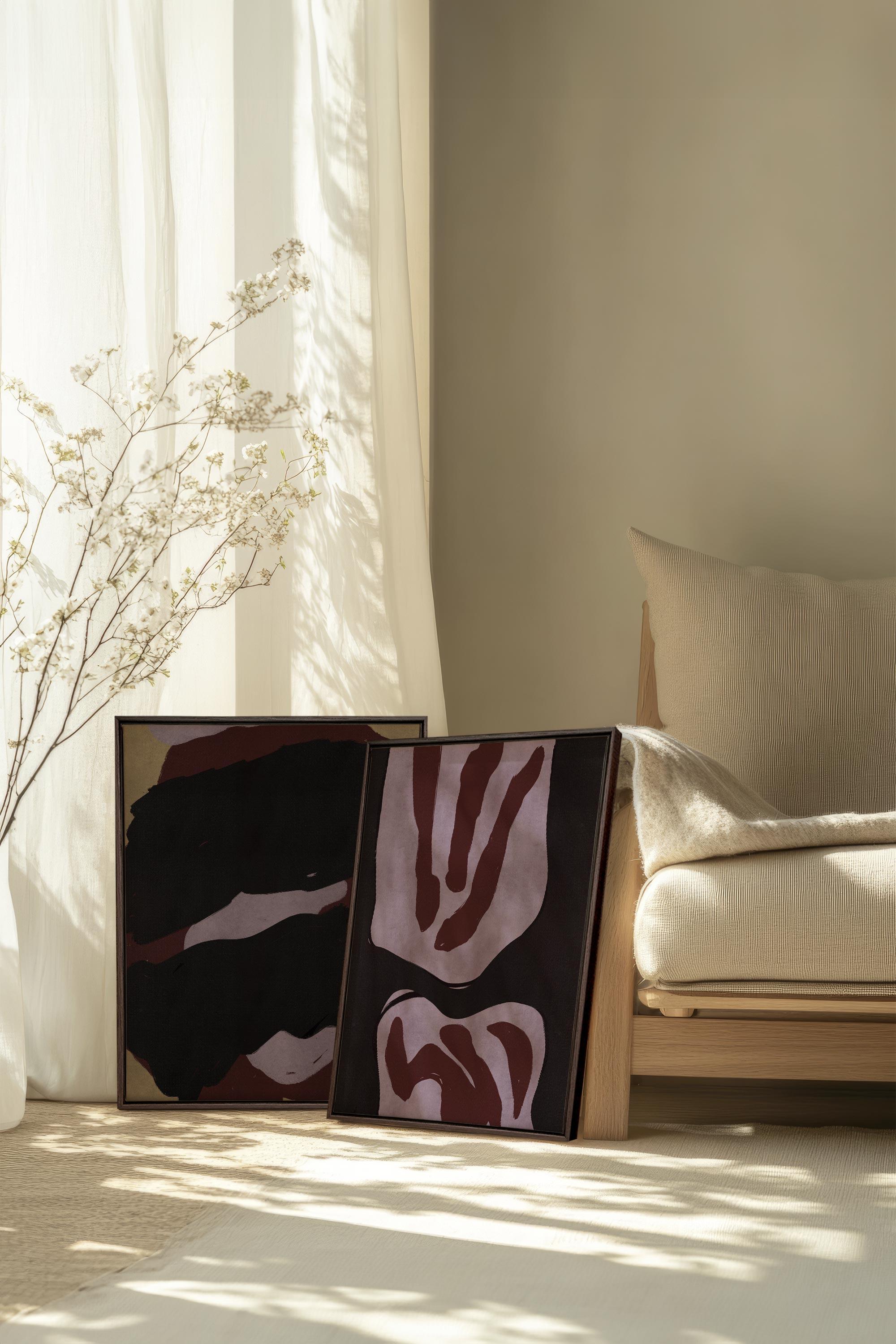 OLEKA CANVAS - DUO INK &amp; DUST, 2 Oeuvres sur toile étirée, encadré Brun Noyer