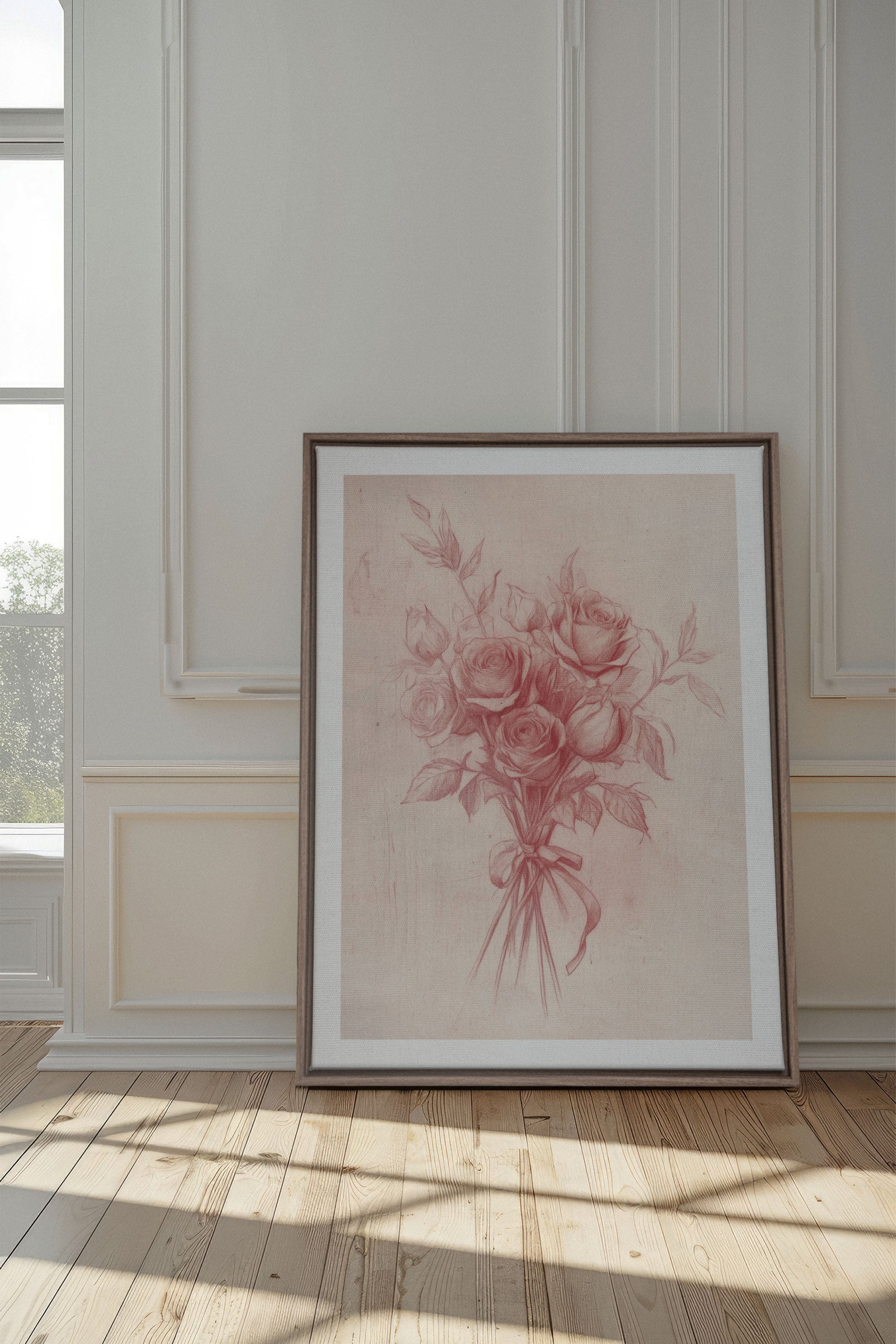 OLEKA CANVAS - ÉCLATS DE ROSES, Oeuvre sur toile étirée, encadré Brun Chêne