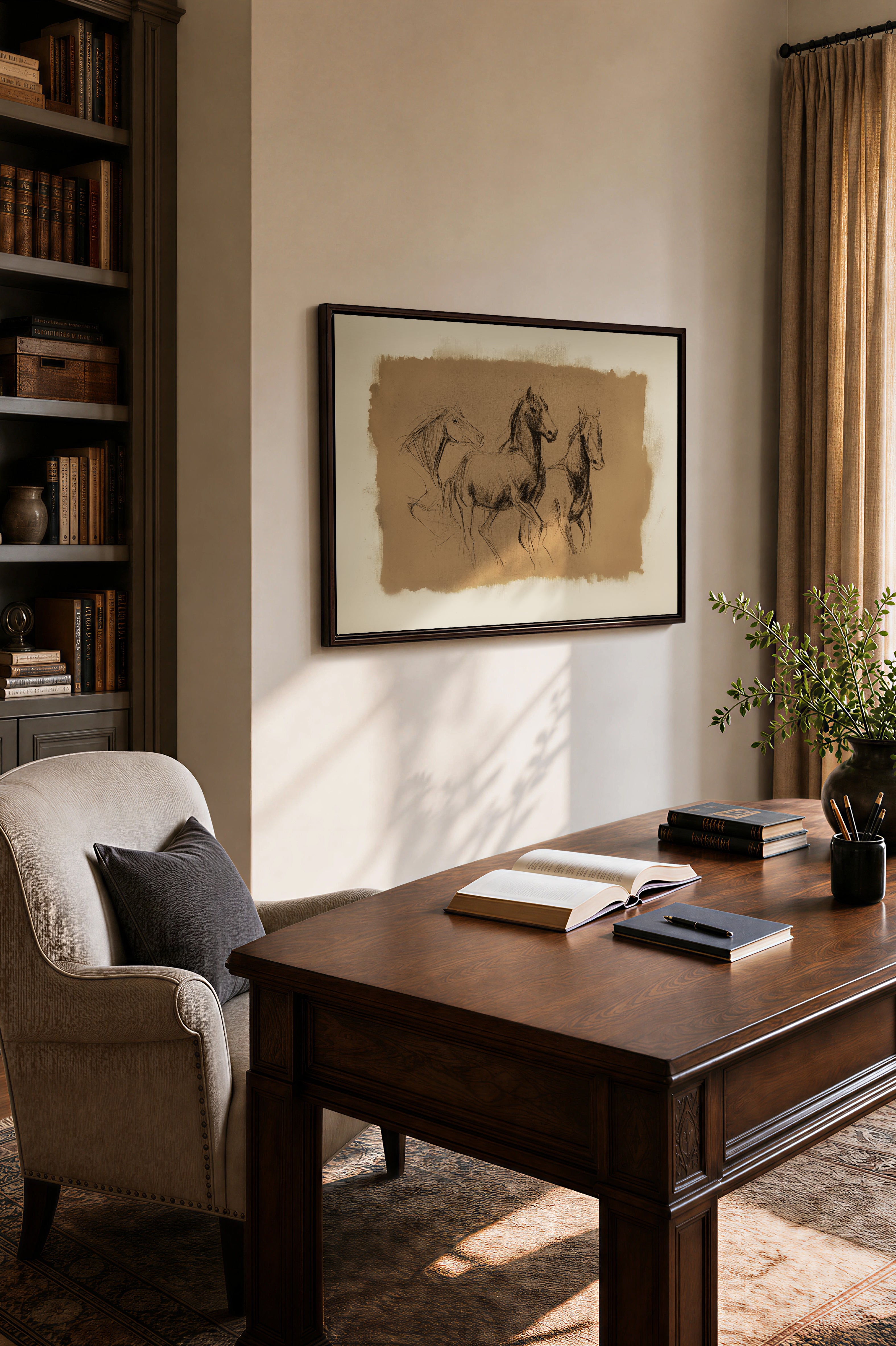 ETUDE EQUESTRE, Artwork on stretched canvas, Walnut Brown frame