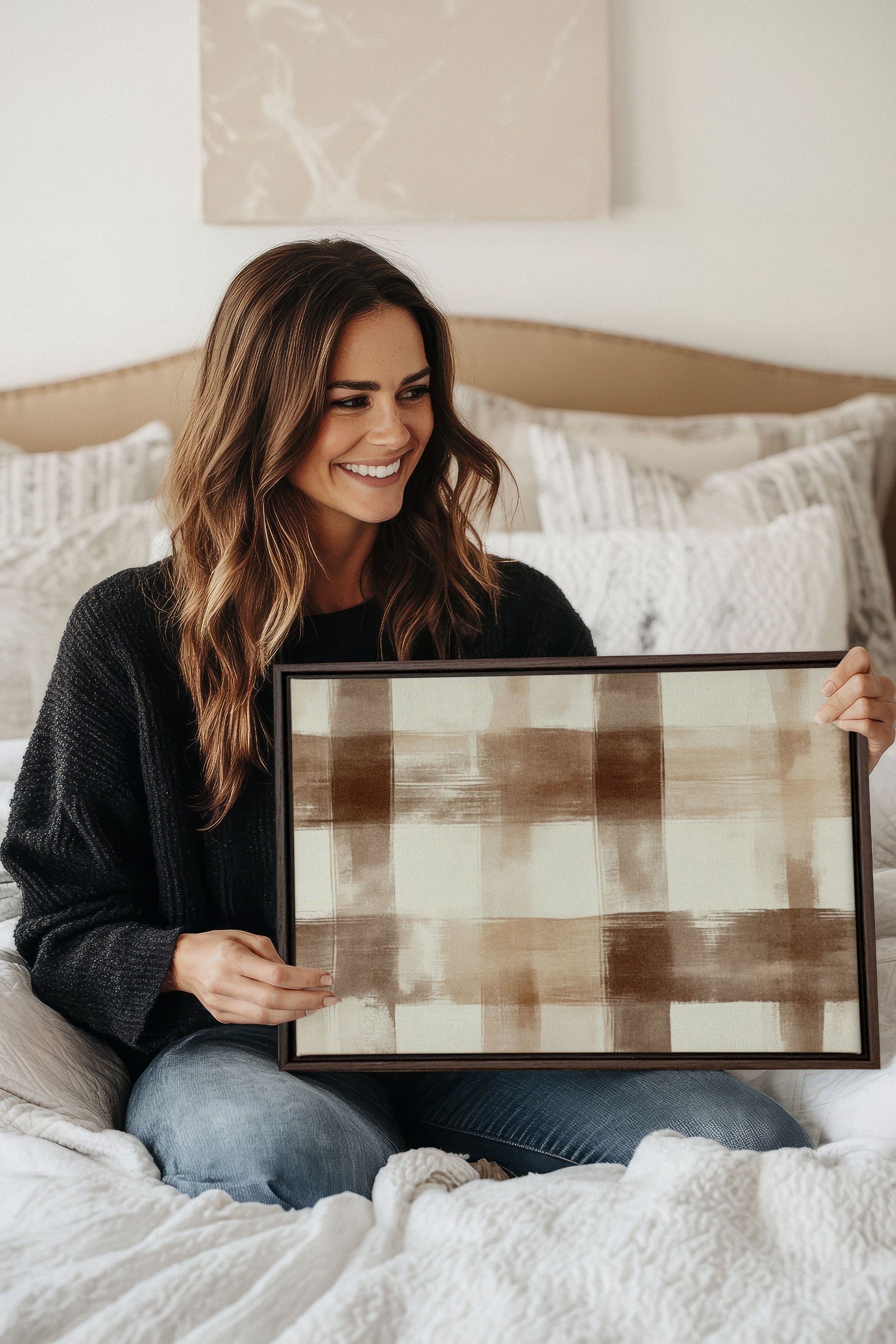 OLEKA CANVAS - CHIC PLAID, Oeuvre sur toile étirée, encadré Brun Noyer