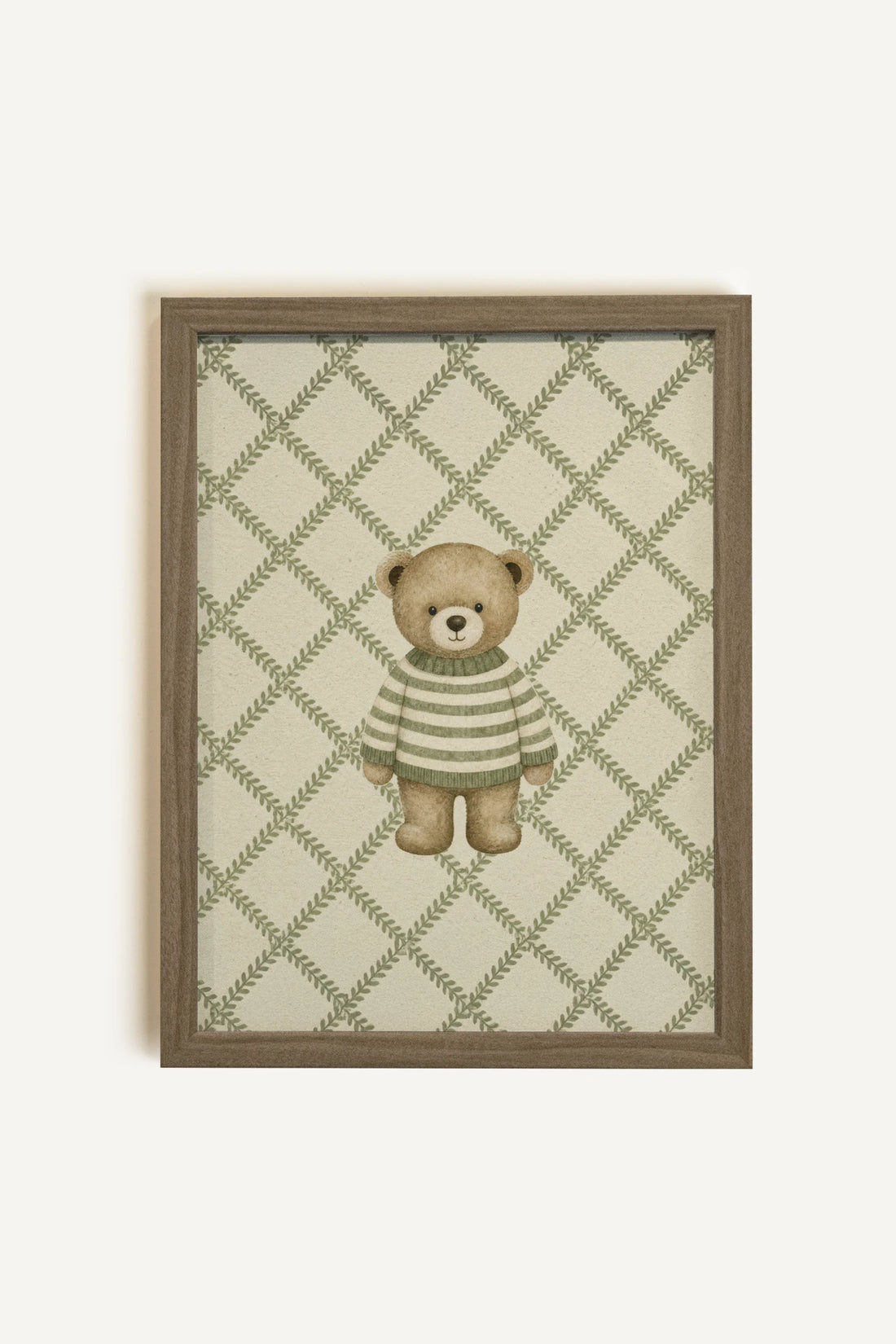 OURSON TRICOT, Oeuvre sur toile rigide, encadré brun chêne