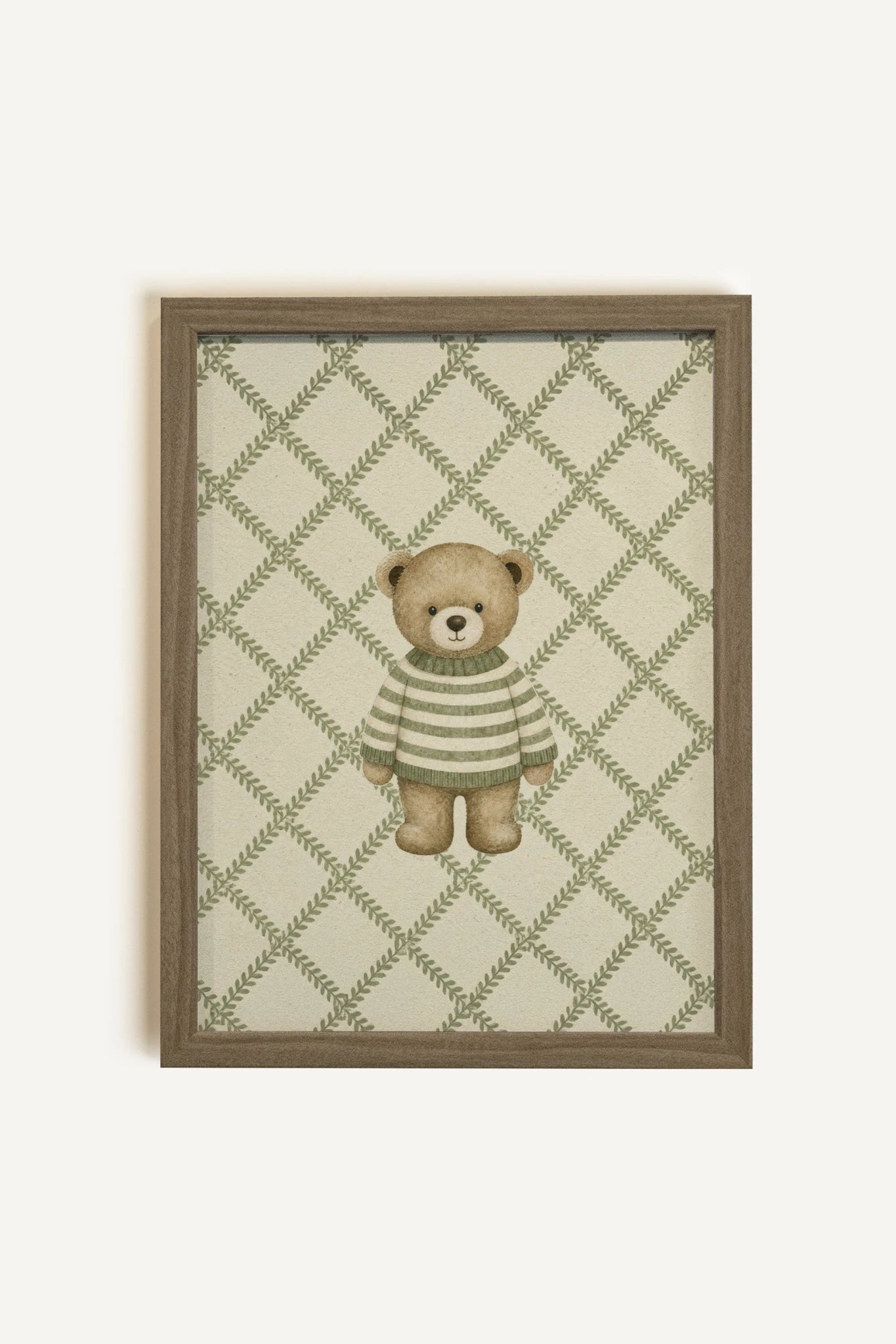 OURSON TRICOT, Oeuvre sur toile rigide, encadré brun chêne