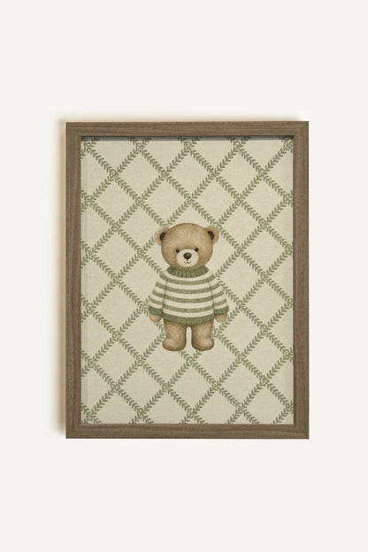OURSON TRICOT, Oeuvre sur toile rigide, encadré brun chêne