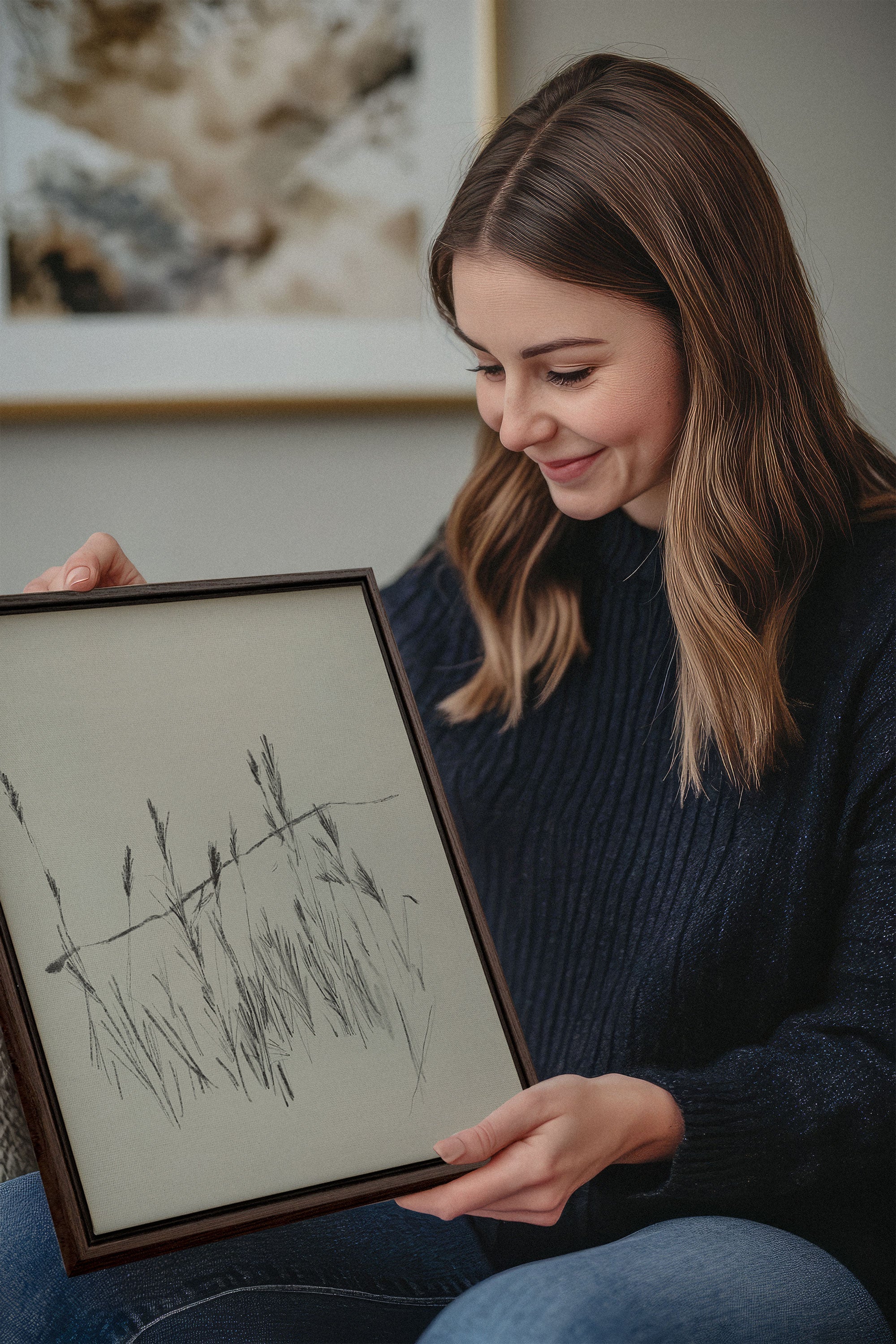 OLEKA CANVAS - TIGES AUX VENT, Oeuvre sur toile étirée, encadré Brun Noyer