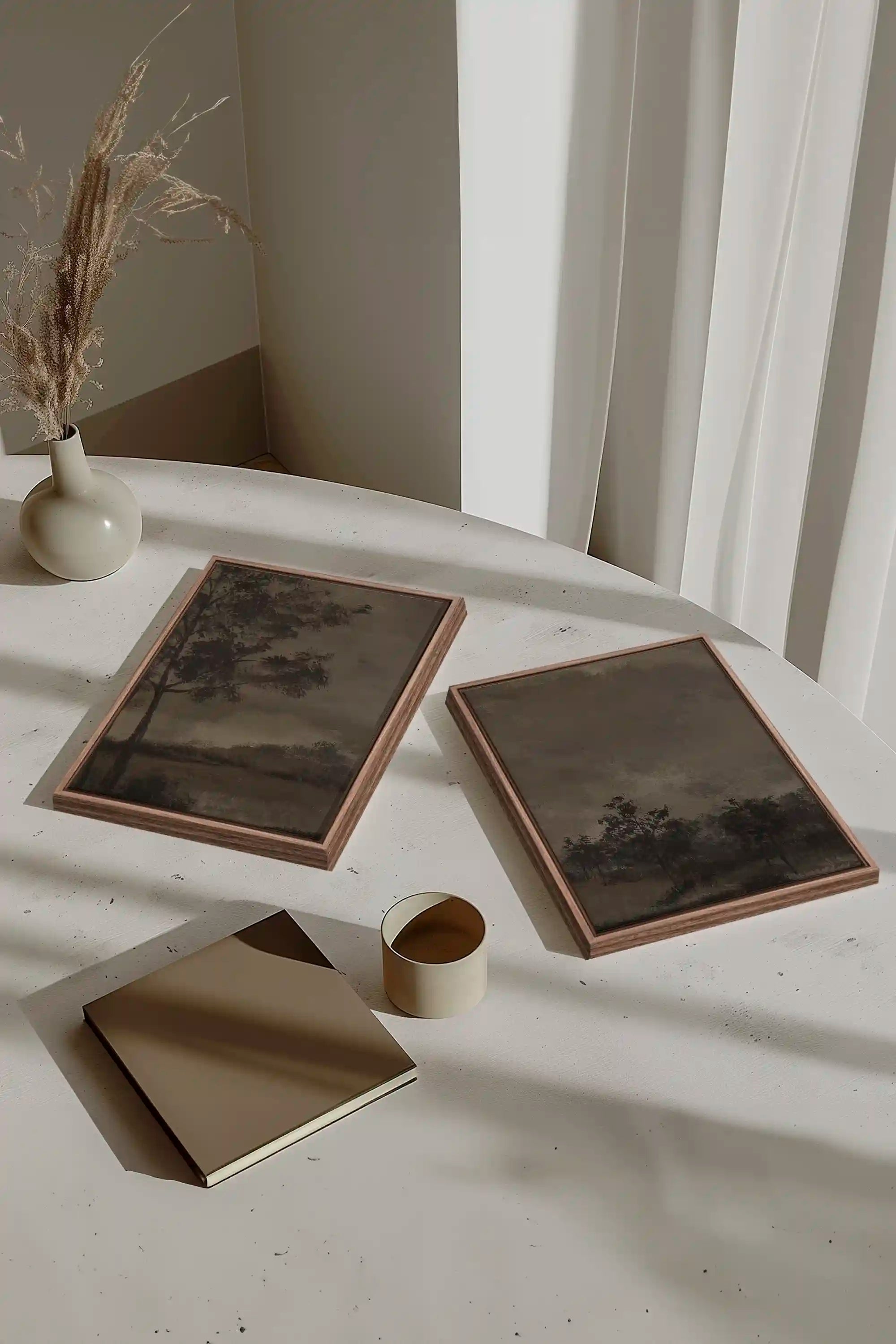 ASHEN GROVE DUO, 2 Works on stretched canvas, framed Oak Brown