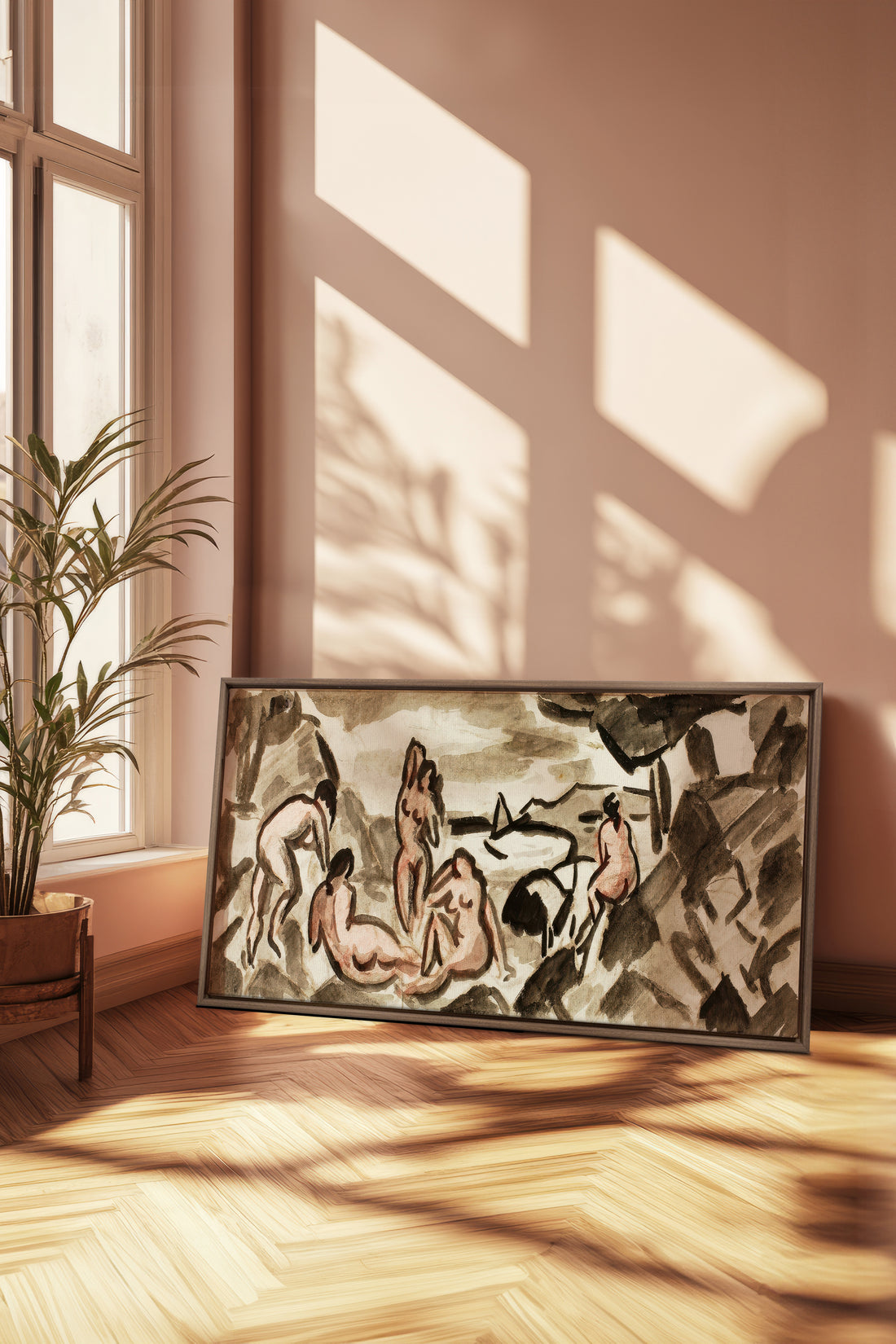 TERRE HUMAINE, Artwork on stretched canvas, framed in Brown Oak