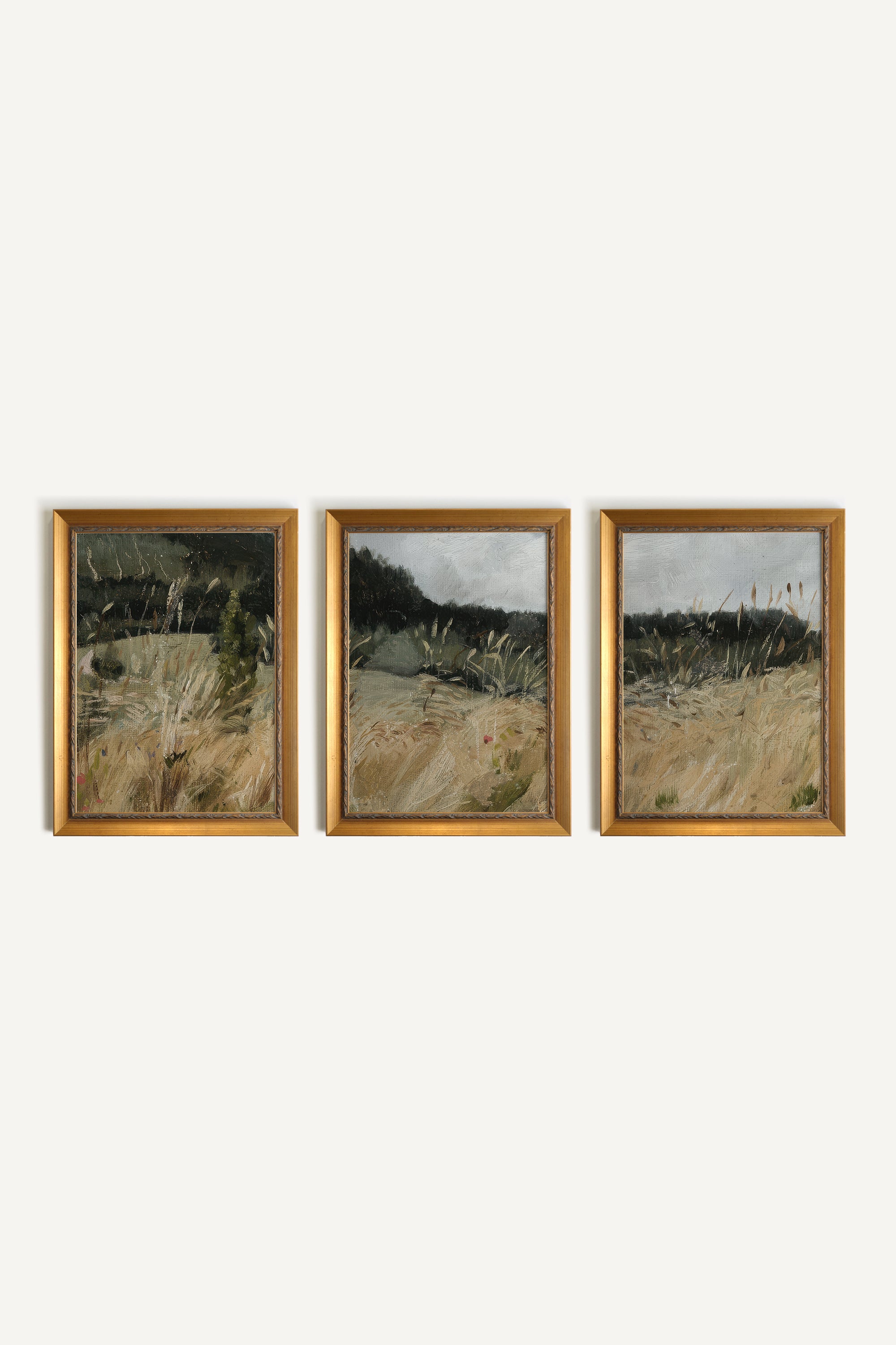 Ensemble Lumière des prés, ensemble de 3 œuvres sur toile rigide, encadré or