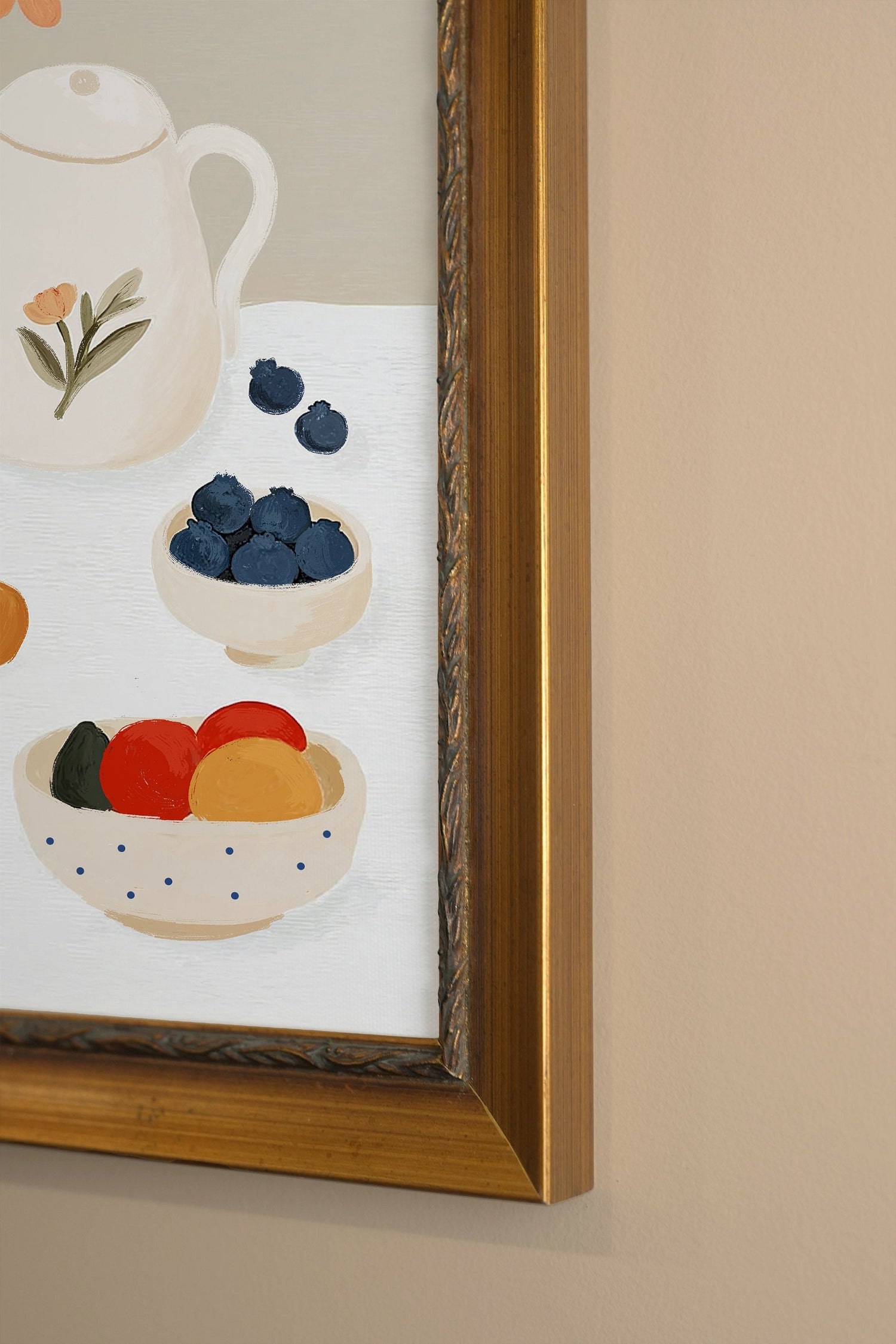 PETIT DÉJEUNER FLEURI, Artwork on rigid canvas, framed in Vintage Gold