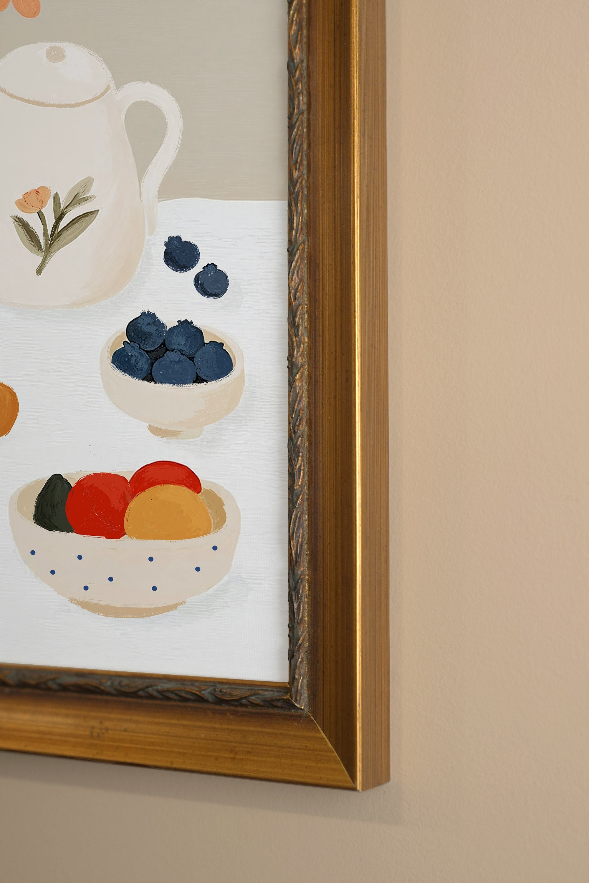 PETIT DÉJEUNER FLEURI, Artwork on rigid canvas, framed in Vintage Gold