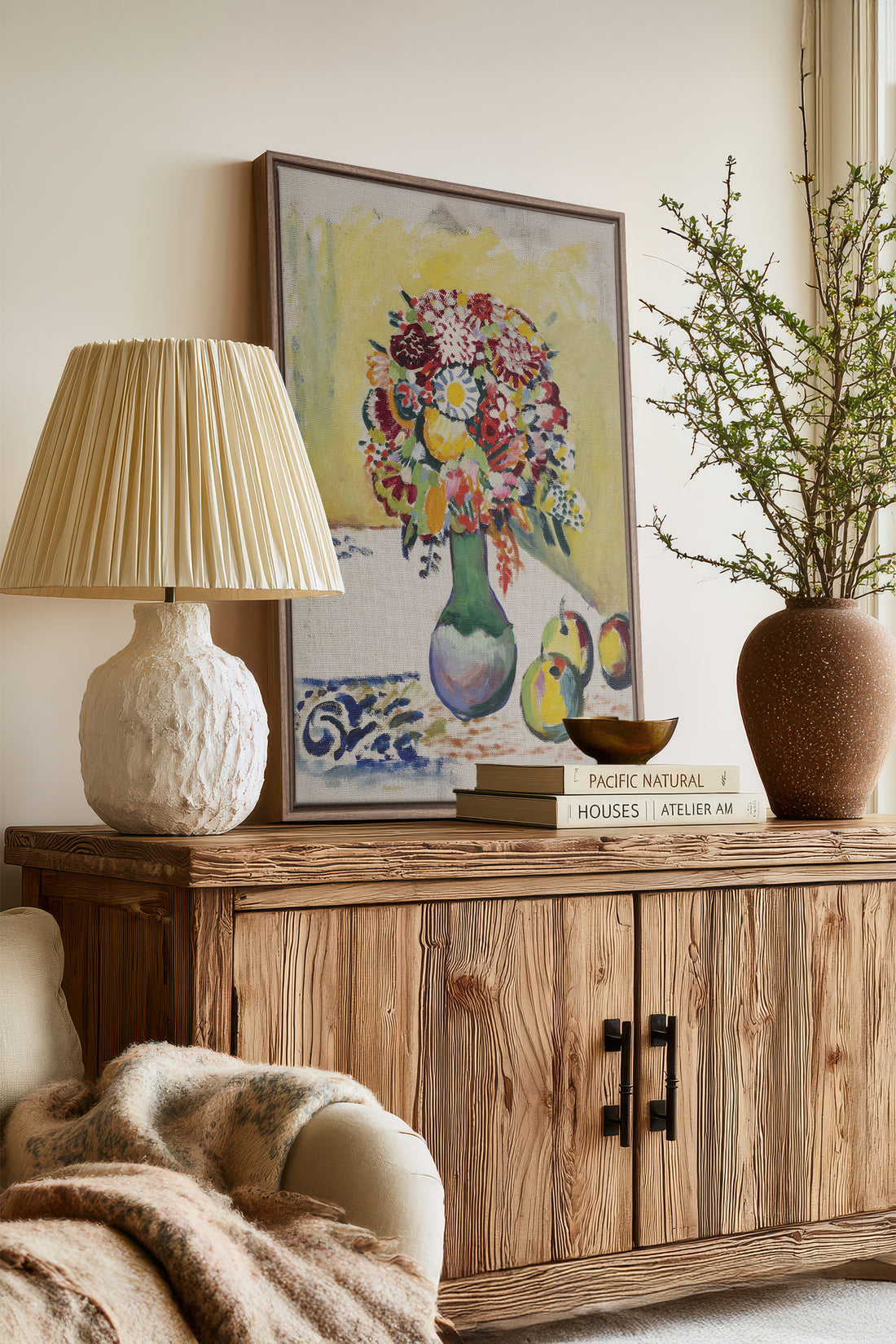 PAINTED BOUQUET, Painting on stretched canvas, framed in brown oak