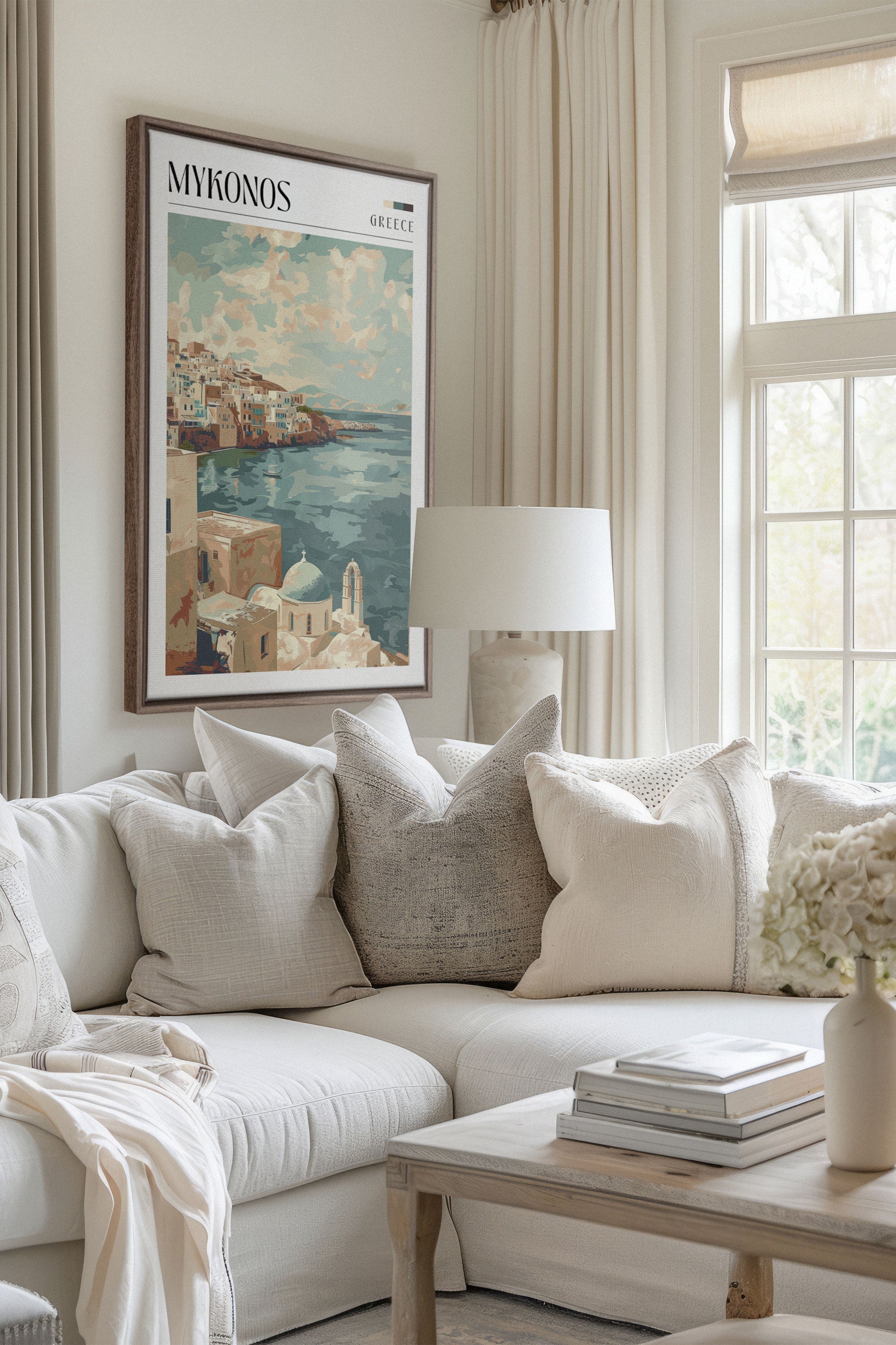 OLEKA CANVAS - Mykonos, Oeuvre sur toile étirée, encadré Brun Chêne