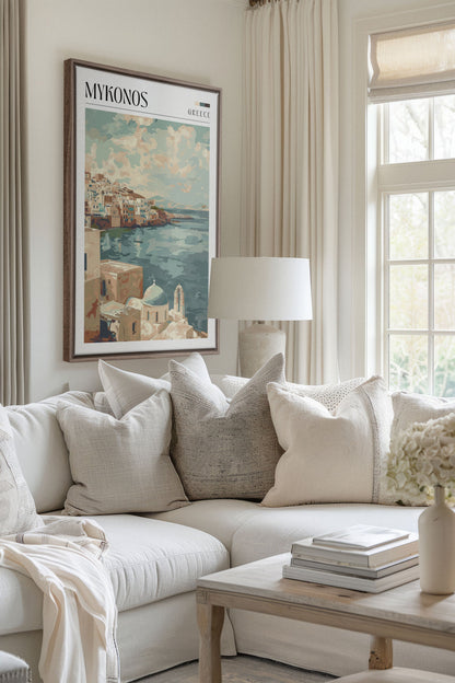 OLEKA CANVAS - Mykonos, Oeuvre sur toile étirée, encadré Brun Chêne