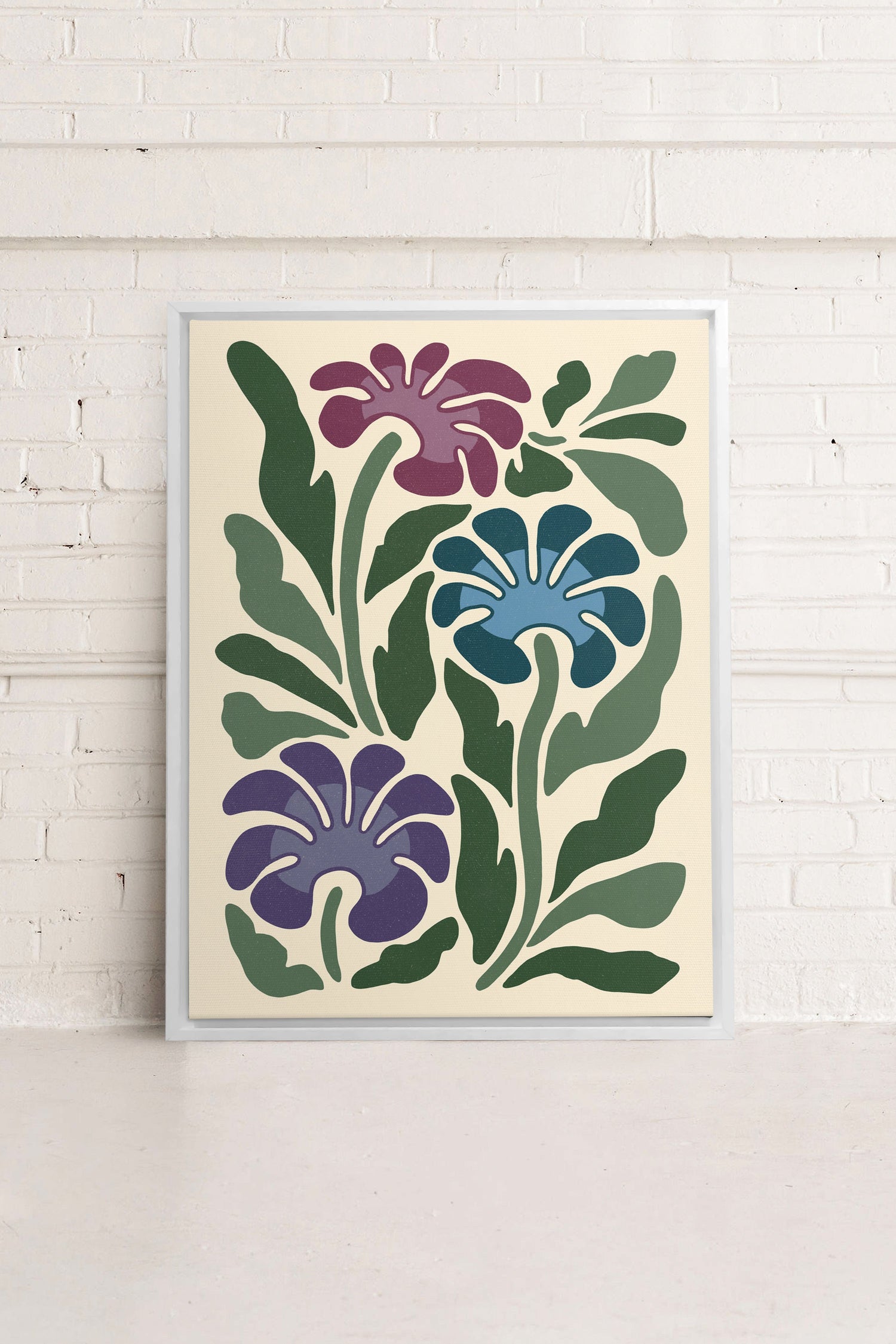 OLEKA CANVAS - MYSTIC AZURE BLOOMS, Oeuvre sur toile étirée, encadré Blanc