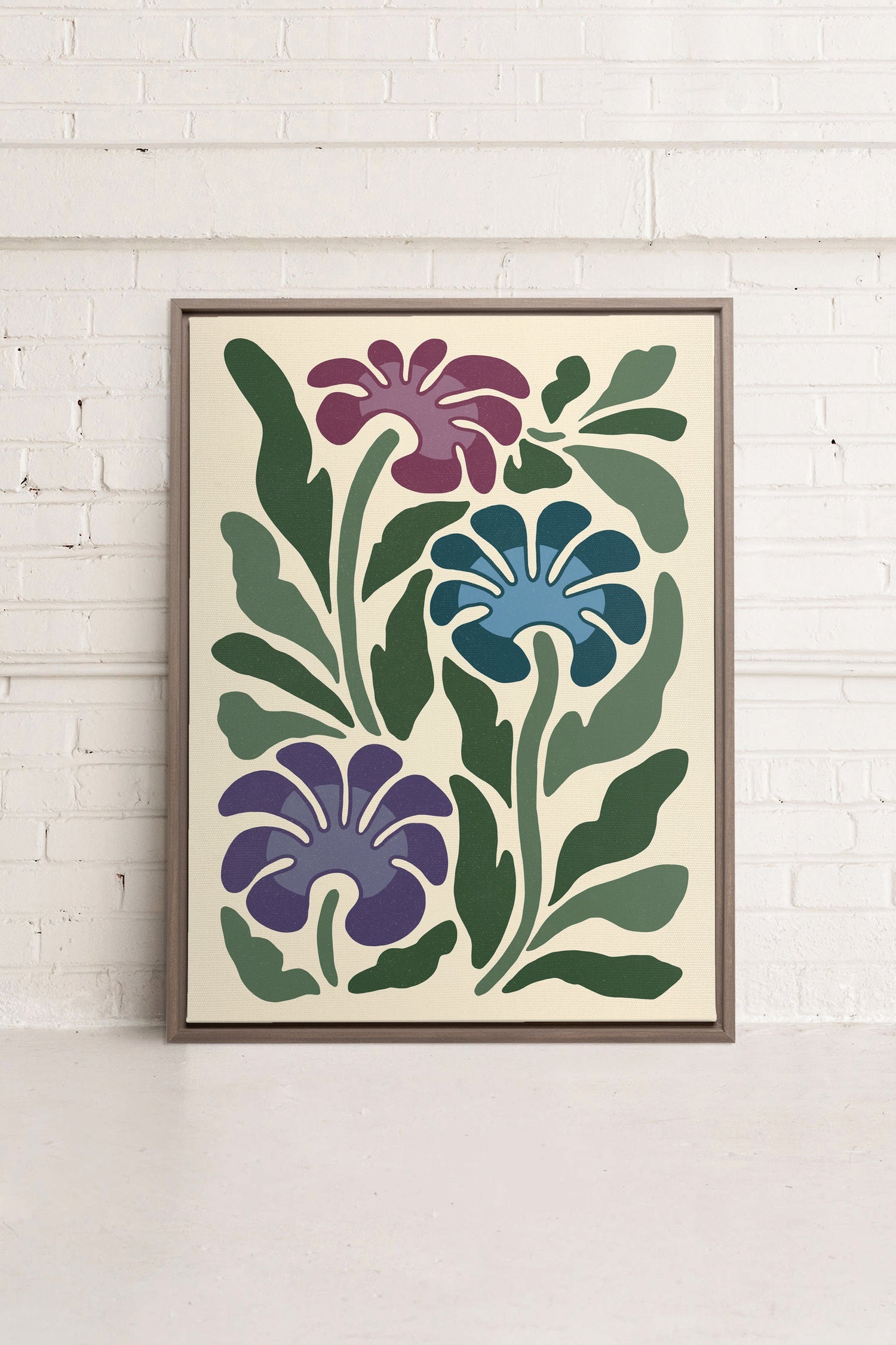 OLEKA CANVAS - MYSTIC AZURE BLOOMS, Oeuvre sur toile étirée, encadré Brun Chêne