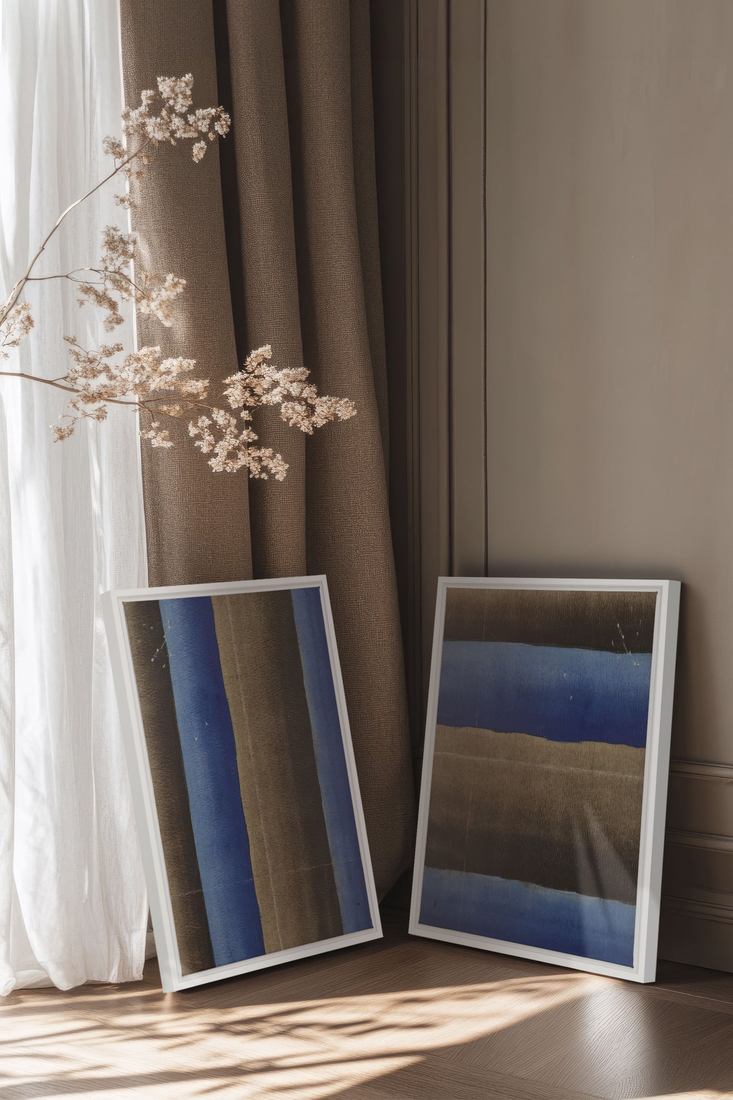 TERRE ET MARÉE, 2 Oeuvres sur toile étirée, encadré Blanc