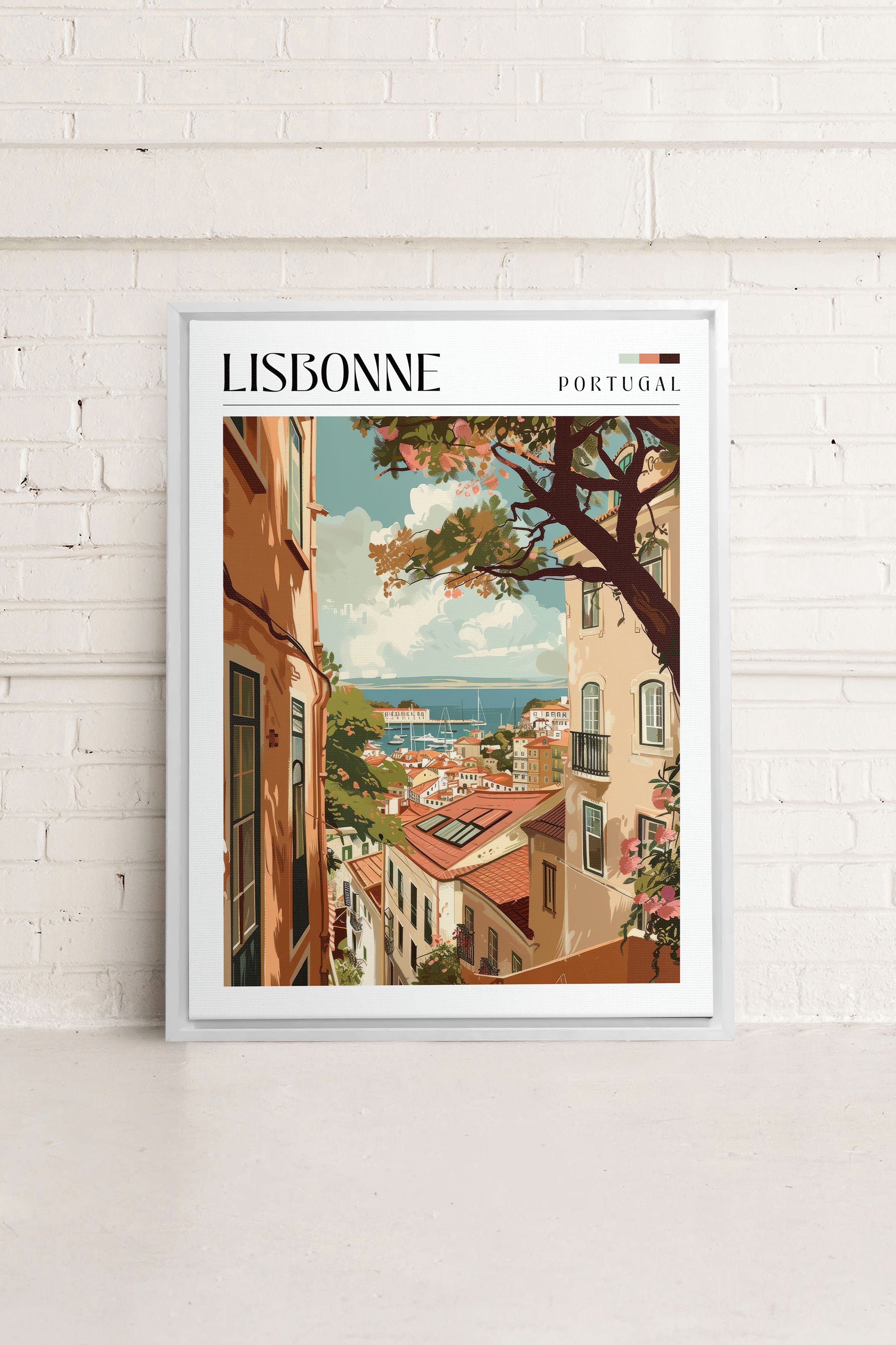 OLEKA CANVAS - Lisbonne, Oeuvre sur toile étirée, encadré Blanc