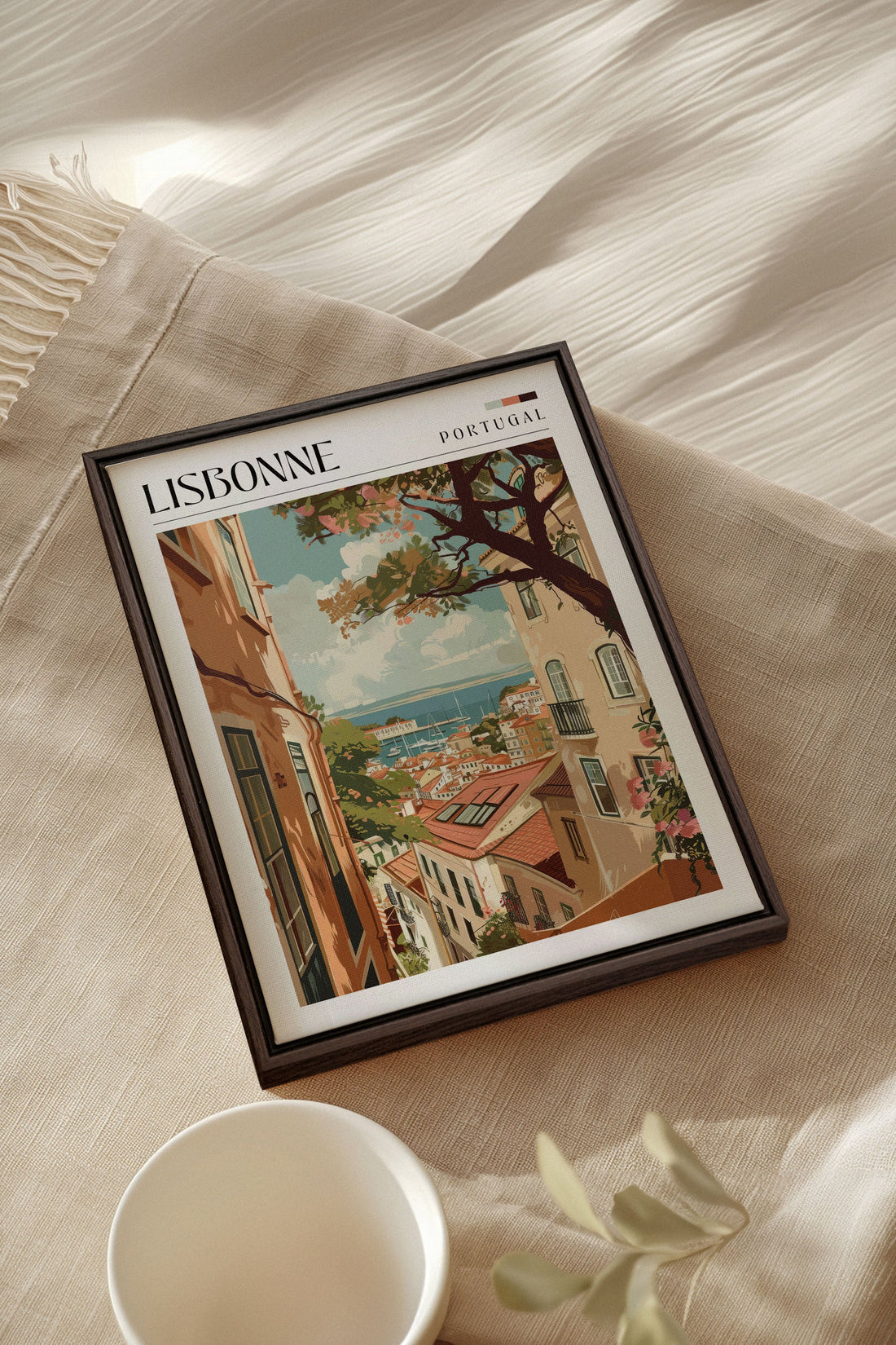 OLEKA CANVAS - Lisbonne, Oeuvre sur toile étirée, encadré Brun Noyer