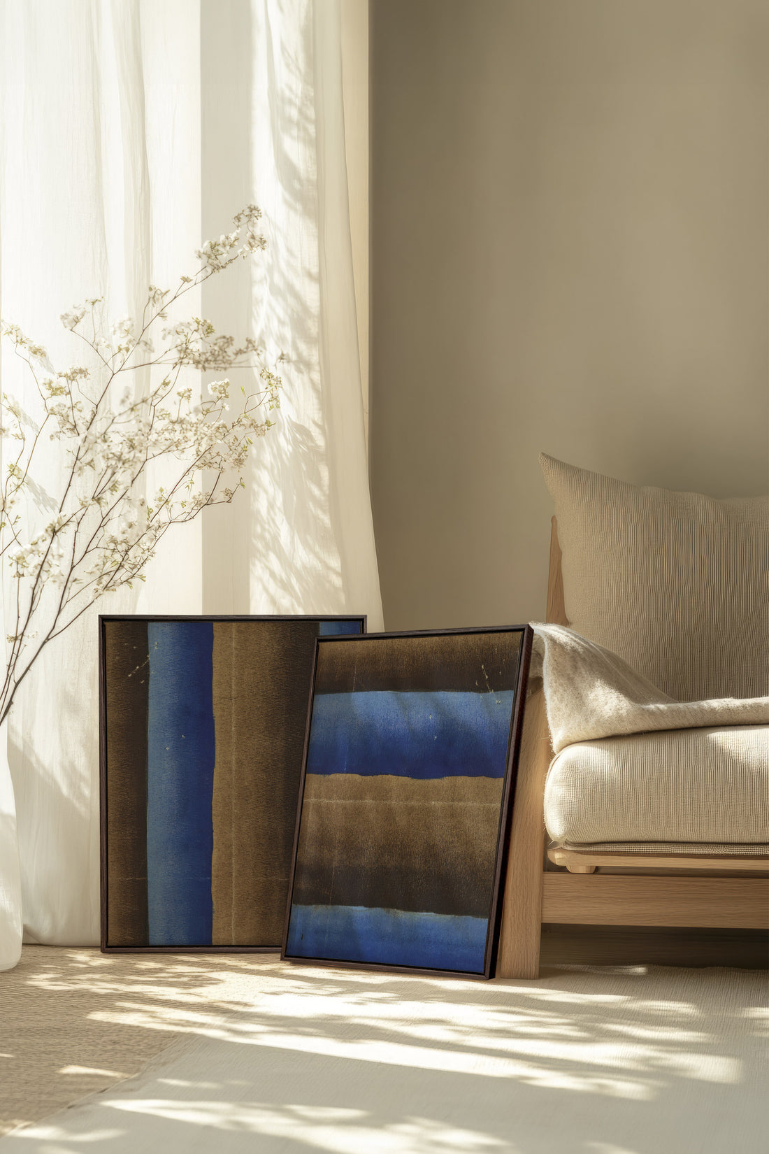 TERRE ET MARÉE, 2 Oeuvres sur toile étirée, encadré Brun Noyer