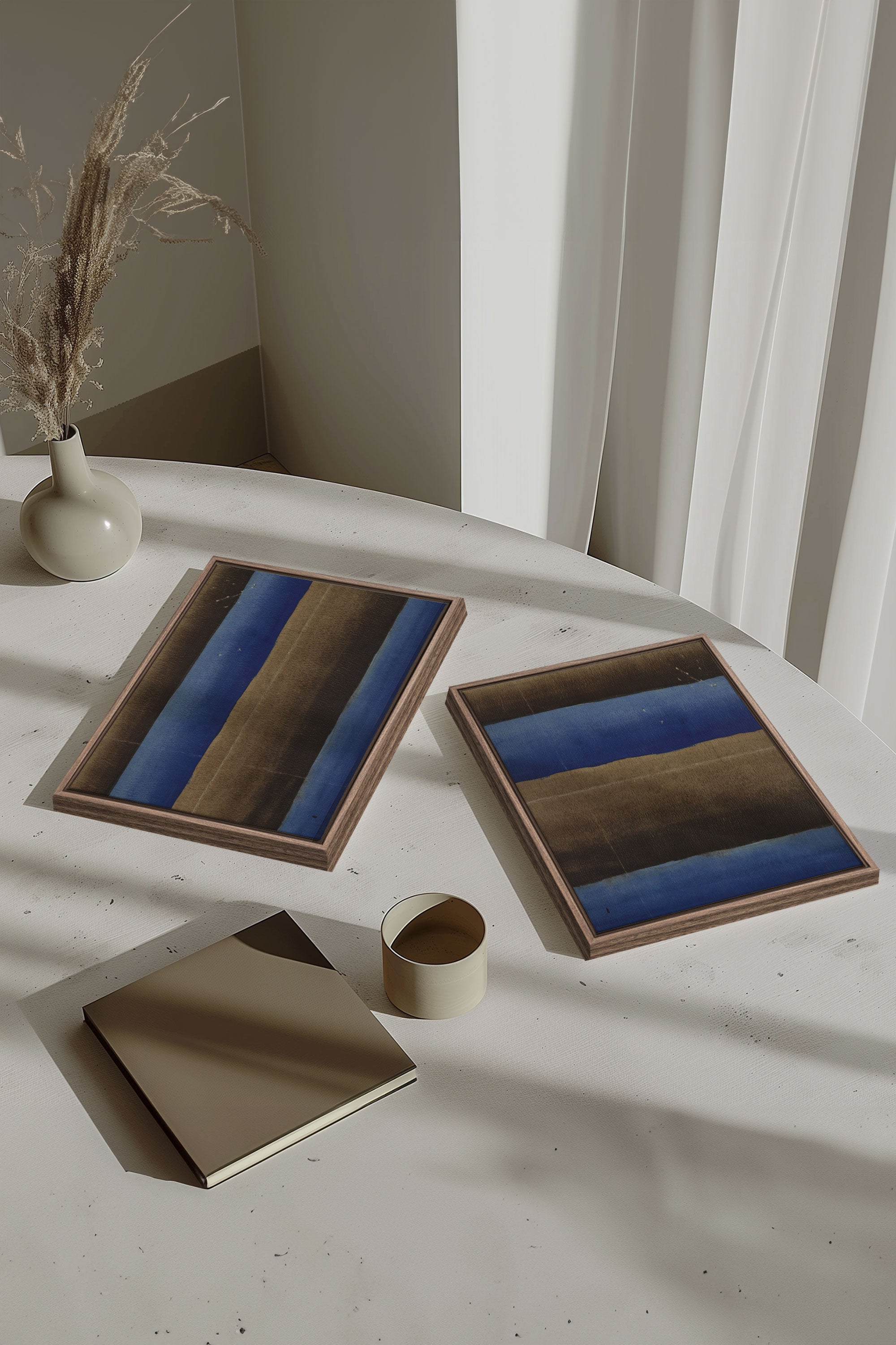 TERRE ET MARÉE, 2 Oeuvres sur toile étirée, encadré Brun Chêne