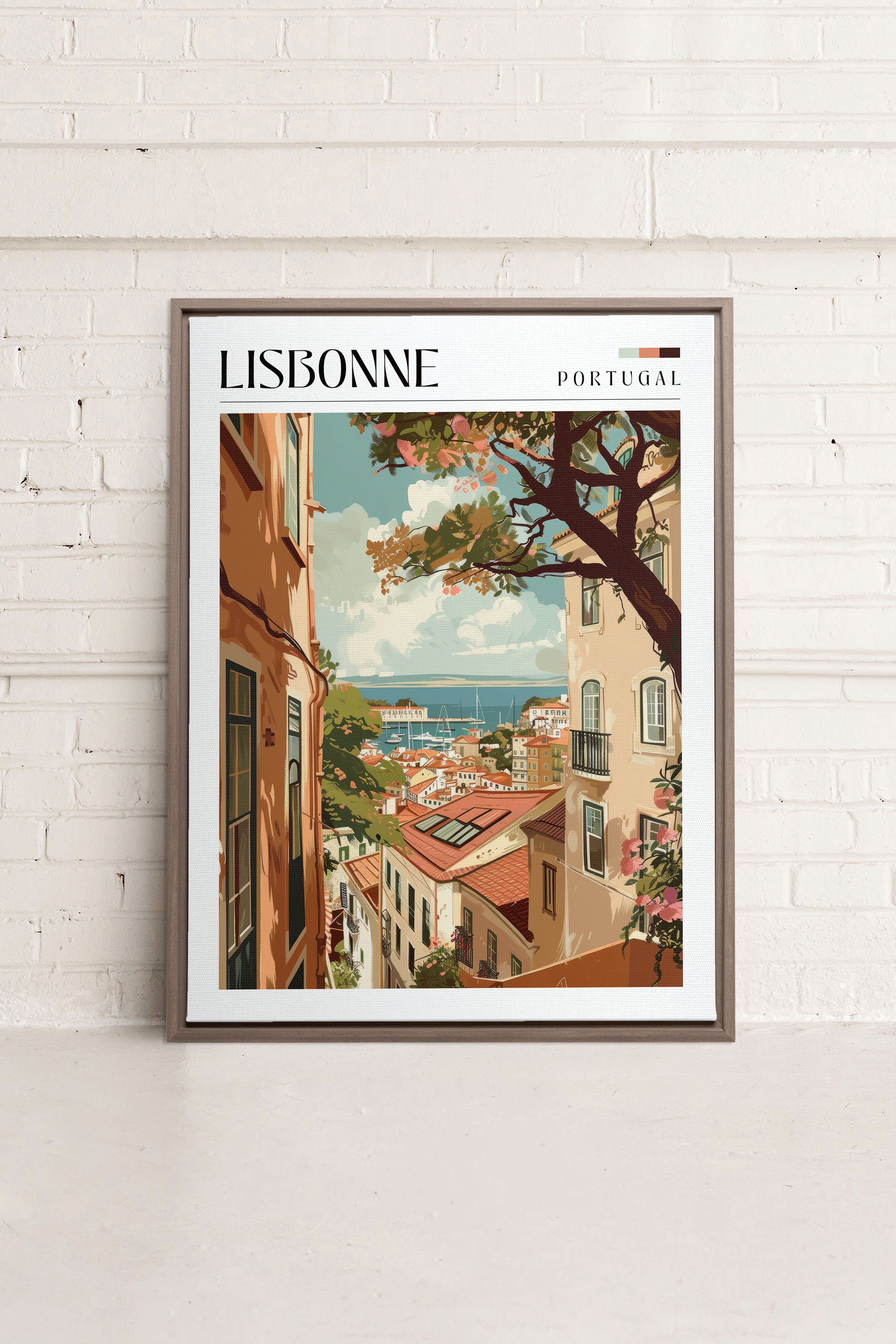 OLEKA CANVAS - Lisbonne, Oeuvre sur toile étirée, encadré Brun Chêne