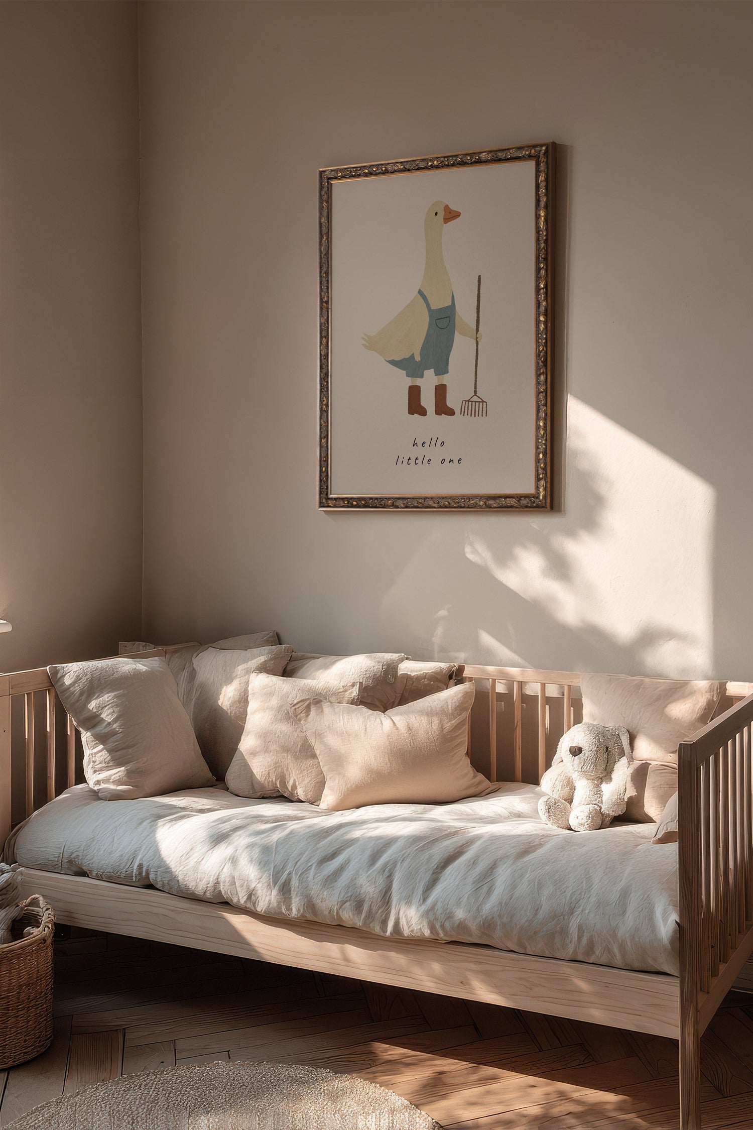 HELLO LITTLE ONE, Artwork on rigid canvas, framed in Vintage Bronze