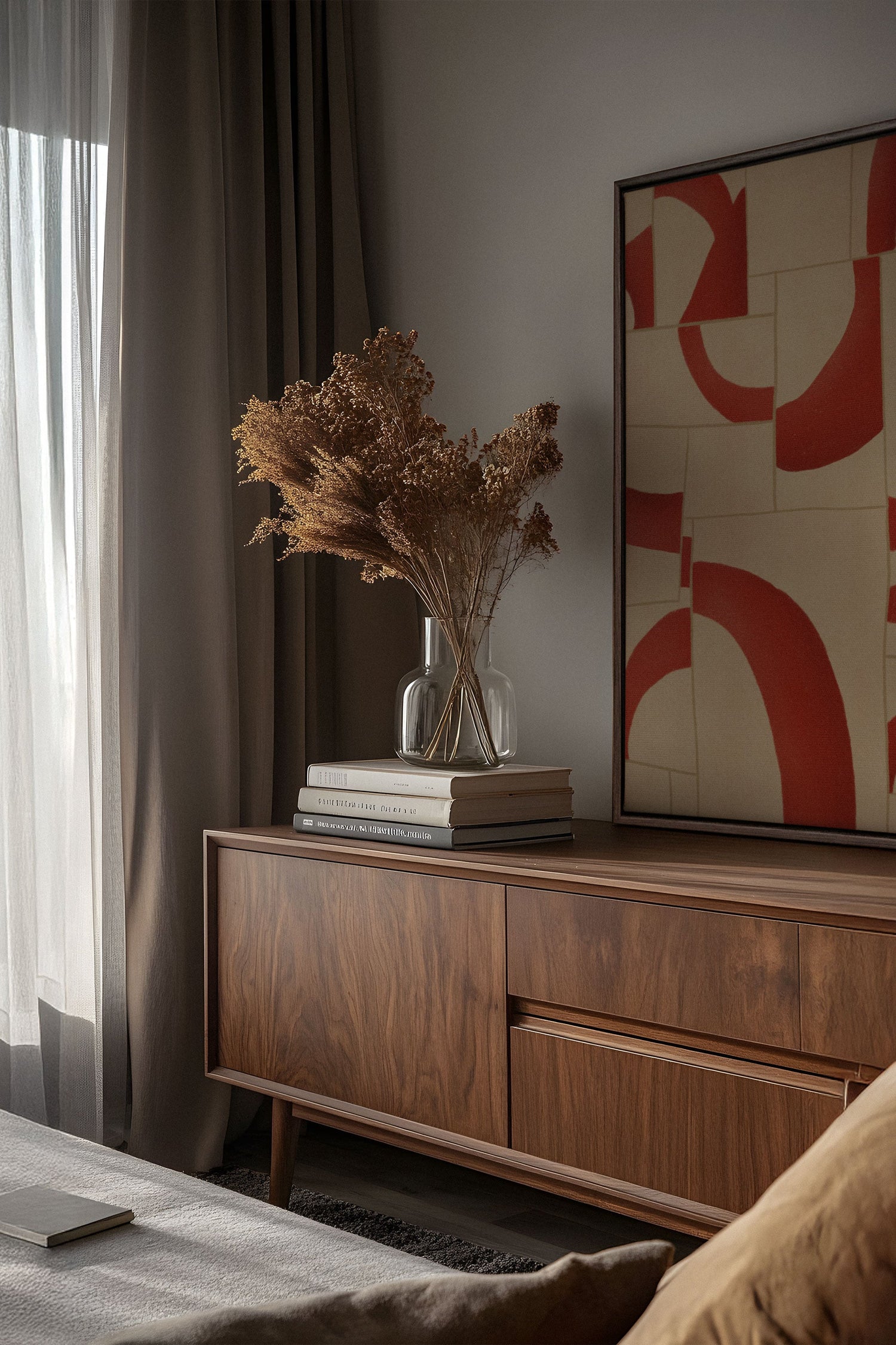 OLEKA CANVAS - RED MOSAIC, Oeuvre sur toile étirée, encadré Brun Noyer