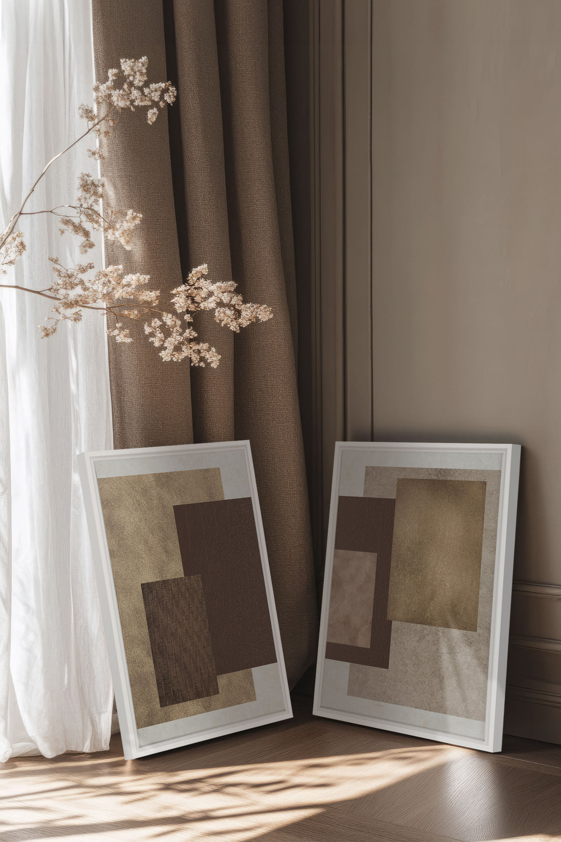 RUST &amp; LEATHER DUO, 2 Oeuvres sur toile étirée, encadré Blanc