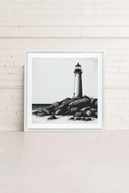 ROCKY SHORE LIGHT, Oeuvre sur toile étirée, encadré Blanc